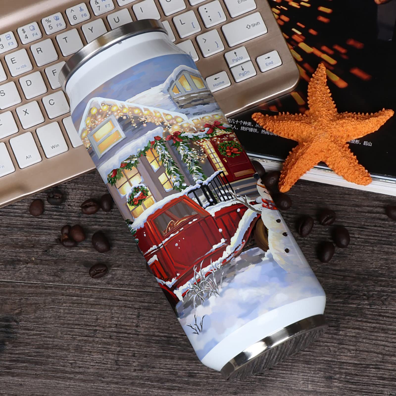 Christmas Snowman Insulated Tumbler - 14oz Double Wall Stainless Steel Vacuum Travel Mug with Lid & Straw - Leakproof Coffee & Water Cup for Home, Office, Car - Perfect Holiday Gift for Christmas, New Year (Red Retro Truck & Xmas Tree Design) - Great for Hot/Cold Drinks, Commuting, Gifts & Winter Celebrations