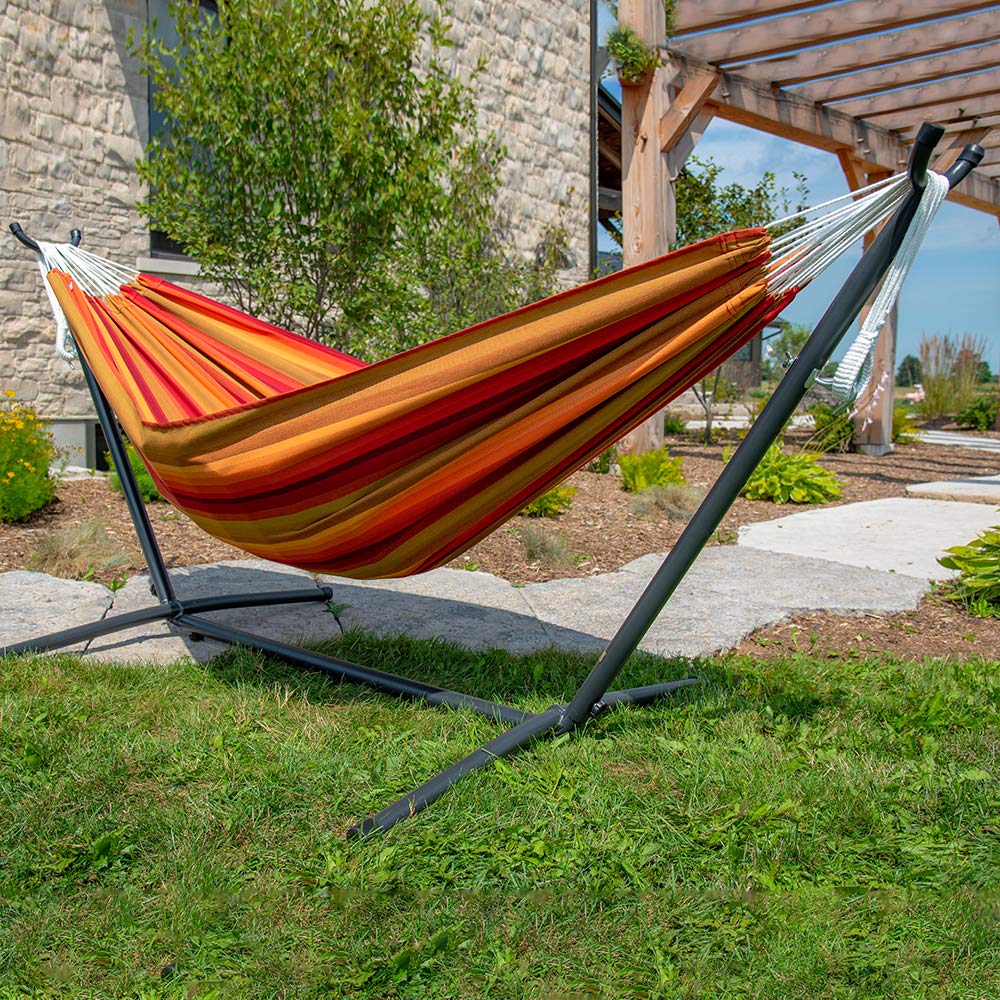 Vivere Double Sunbrella Hammock with Space-Saving Steel Stand - 450 lb Weight Capacity - Premium Carry Bag Included (Sunset) - Perfect for Backyard Relaxation, Camping & Beach Vacations
