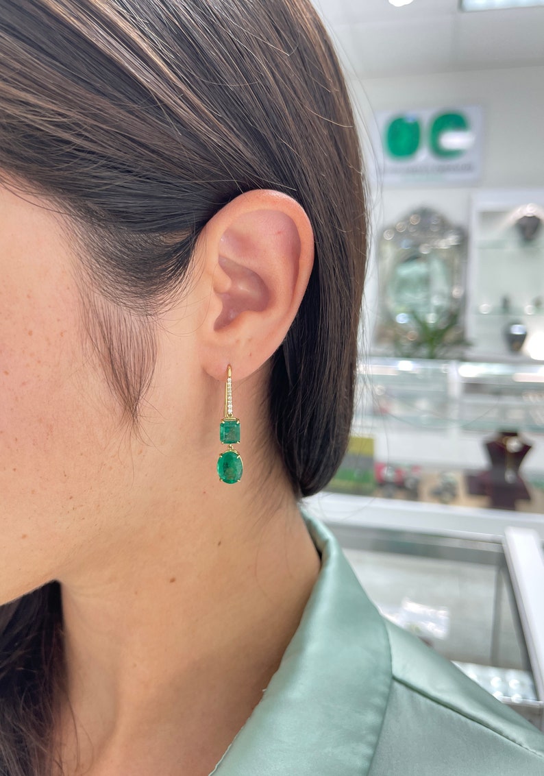 9.49tcw 18K Gold Natural Fine Quality Dark Emerald Diamond Accent Dangle Earrings for Women - Perfect for Weddings, Parties & Special Occasions