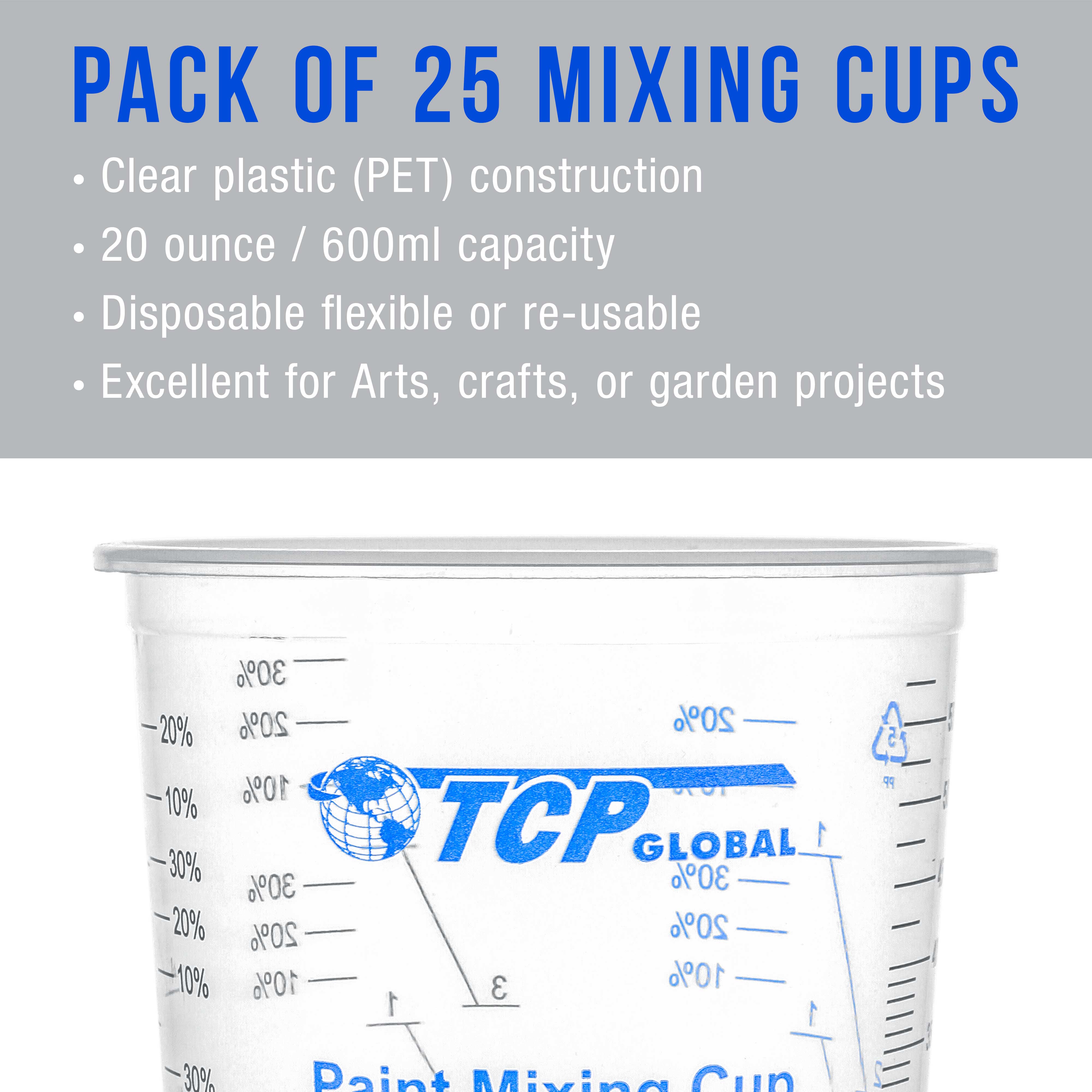 TCP Global 25-Pack 20oz (600ml) Disposable Plastic Mixing Cups with Graduated Measurements & Mixing Sticks - Ideal for Paint, Resin, Epoxy, and DIY Crafts - Perfect for Artists, Hobbyists, and Home Improvement Projects
