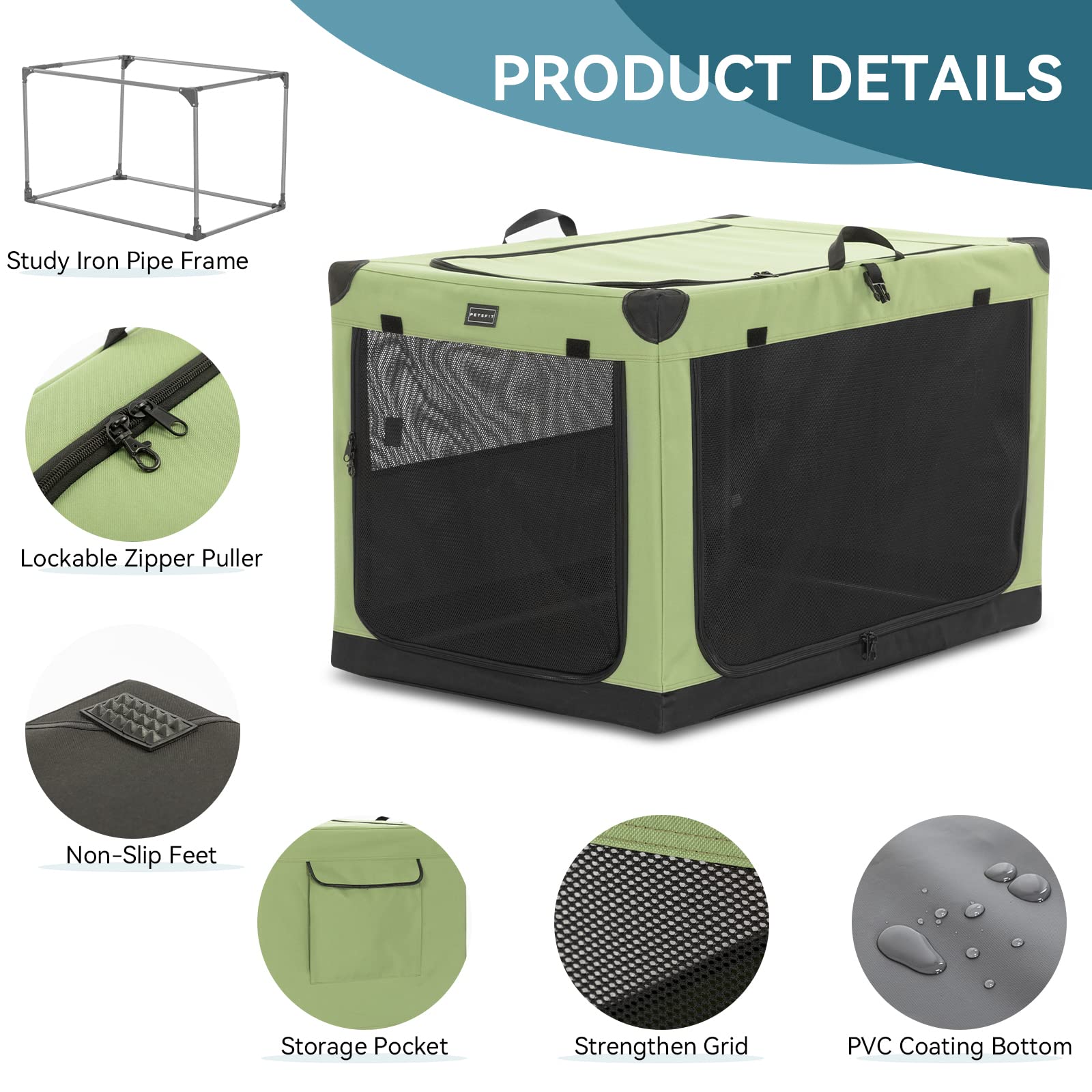Petsfit 40 Inch Collapsible Dog Crate - Lightweight Travel Crate for Dogs, Easy Setup & Sturdy Soft-Sided Kennel with 3 Mesh Doors (Green) - Perfect for Travel, Camping & Home Use