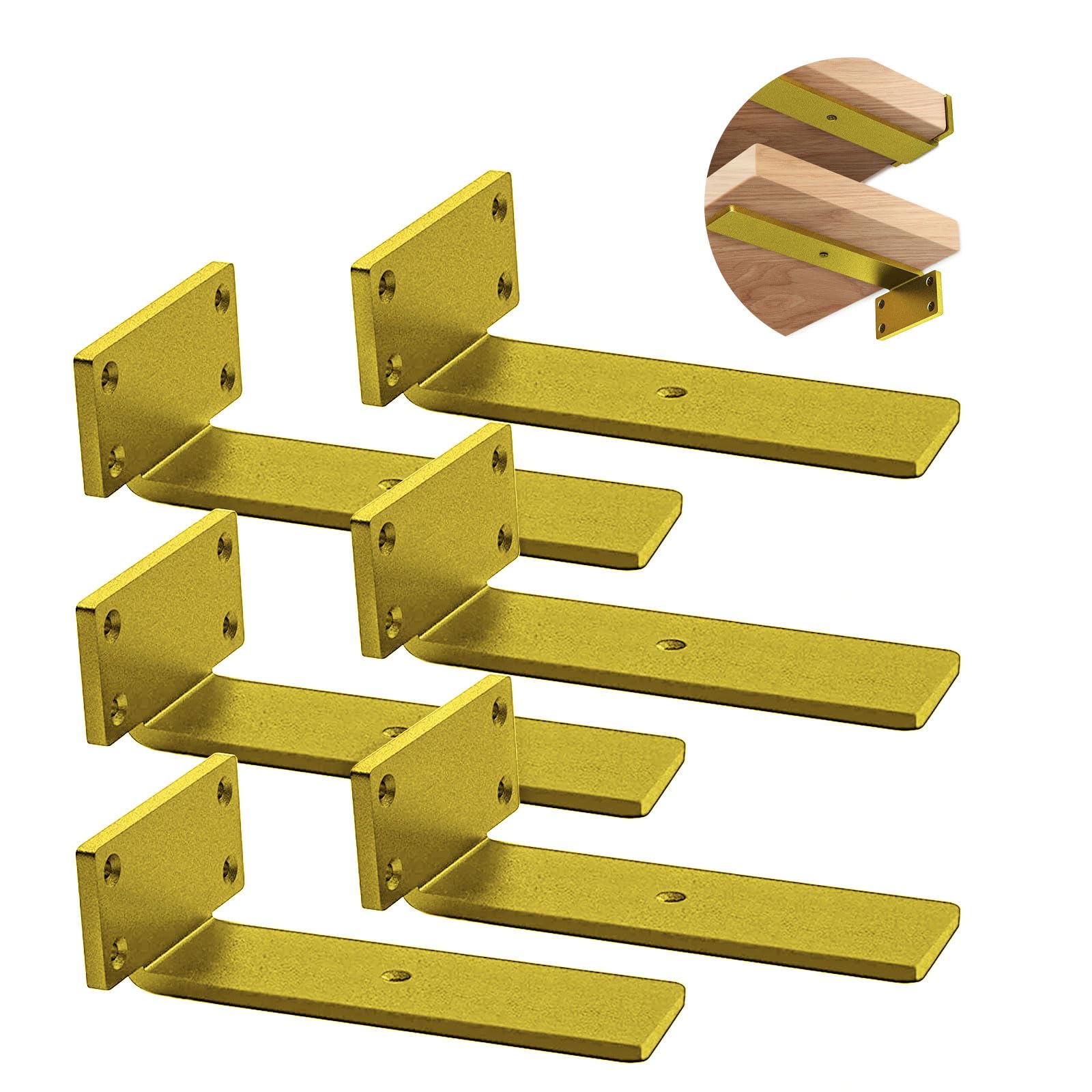 Heavy-Duty 5-Inch Floating Shelf Brackets - 0.2-Inch Thick Gold L-Shaped Steel Shelving Supports (6 Pack) - Perfect for Home Organization, Kitchen Storage & Wall Decor