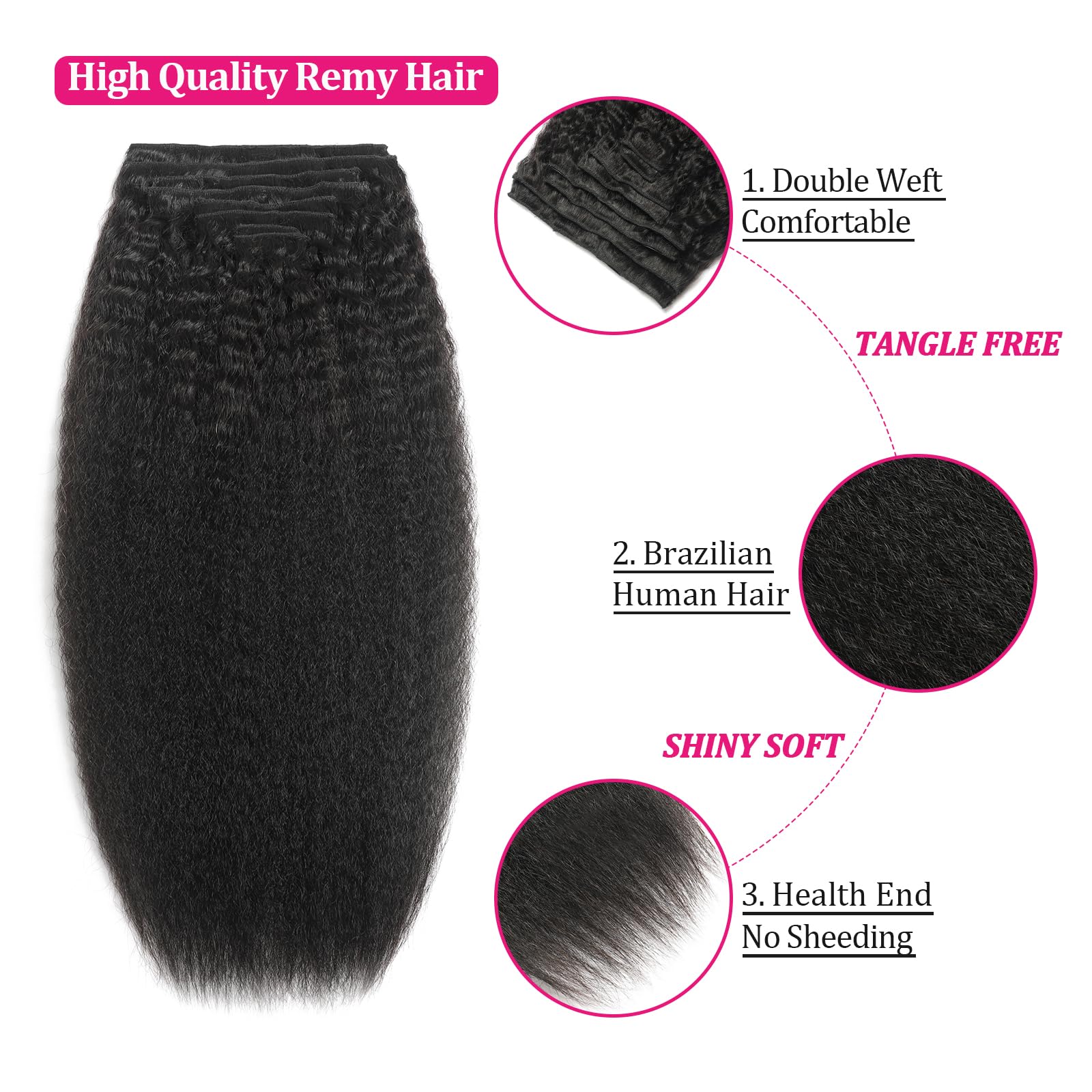 Kinky Straight Clip-In Hair Extensions 20 Inch - 8Pcs 120g Real Human Brazilian Remy Hair - Natural Black Double Weft for Women | Perfect for Volume, Length & Styling for Parties, Weddings & Daily Wear