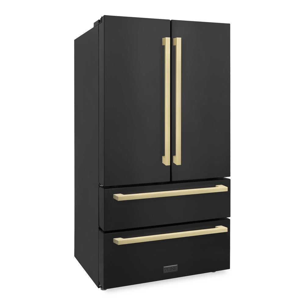 ZLINE Autograph Edition 36-Inch Counter Depth French Door Refrigerator - 22.5 cu. ft. Capacity, Fingerprint Resistant Black Stainless Steel with Champagne Bronze Handles, Built-In Ice Maker | Modern Kitchen Appliance for Home, Restaurant & Office Use