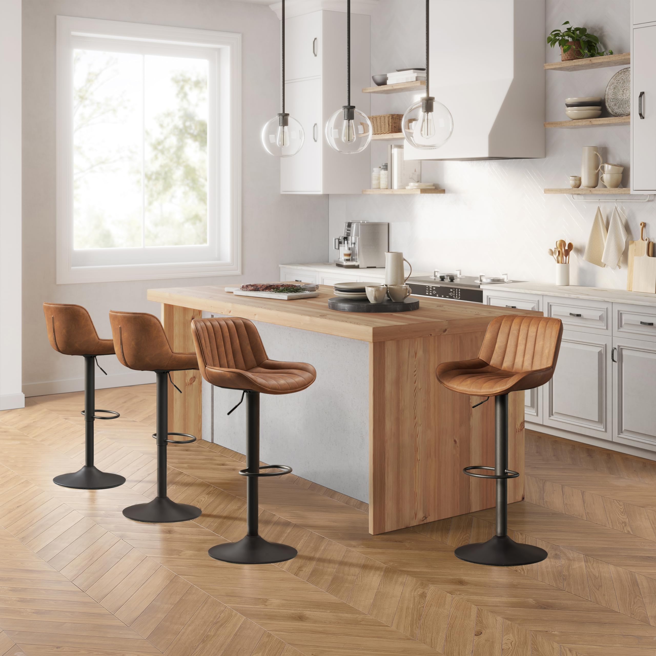 Zouron Adjustable Swivel Bar Stools with Back - PU Leather Counter Height Kitchen Island Stools, Black Base, Set of 4, Yellow Brown - Perfect for Kitchen Counter, Breakfast Nook, and Home Bar Decor