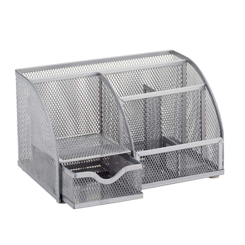 Anova 7-Compartment Mesh Desk Organizer with Drawer - Silver Office Desk Tidy for Pens, Candy & Supplies | Perfect for Home Office, School & Workspace Organization
