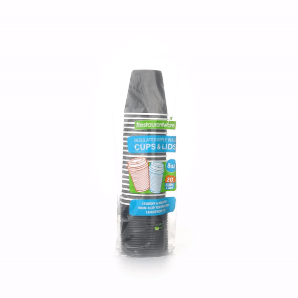 8 oz Gray Ripple Wall Paper Coffee Cups with Black Lids - 3.5