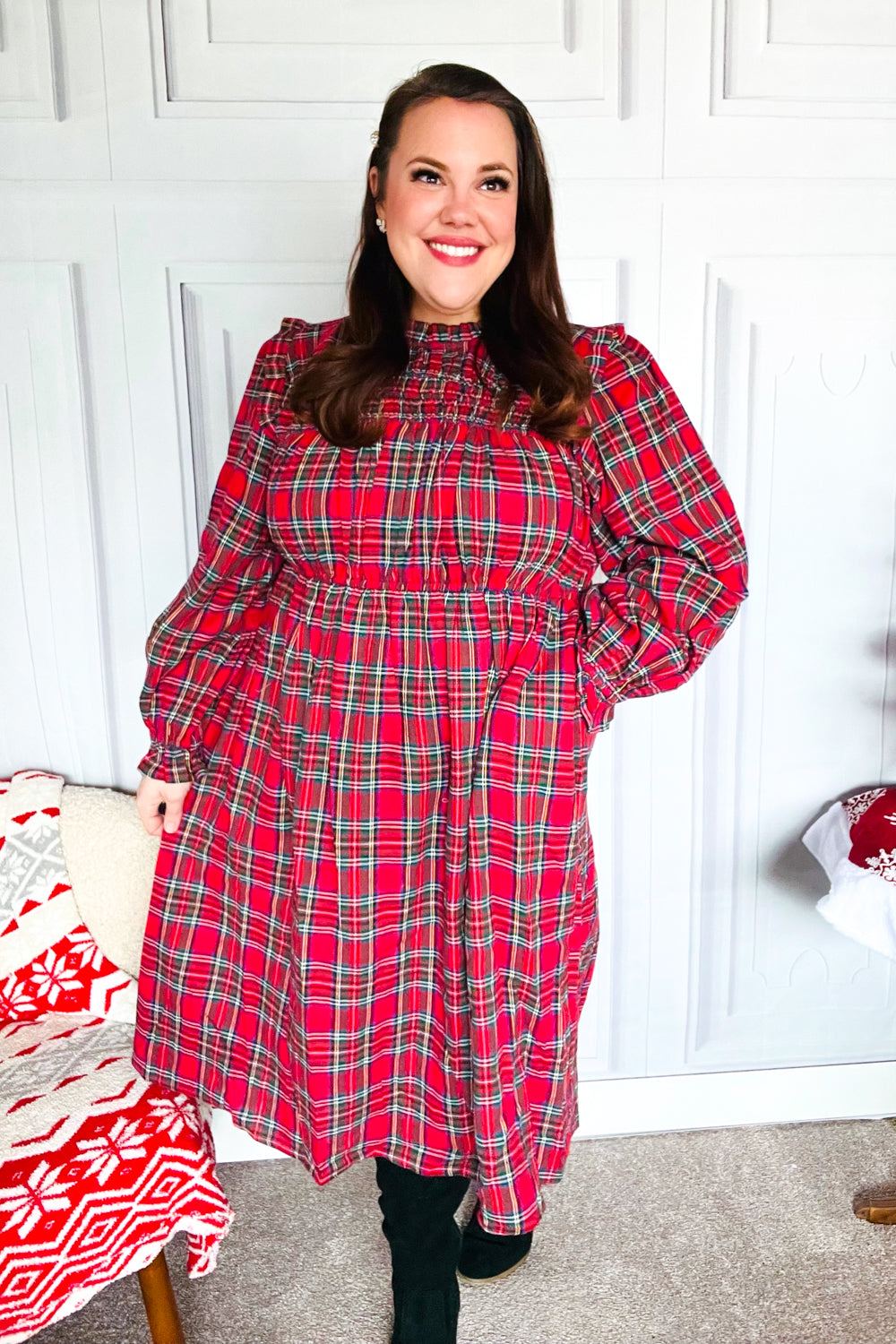 Hunter Red Plaid Check Woven Pocketed Dress for Women | Casual & Party Wear | Perfect for Fall, Winter & Holiday Outfits
