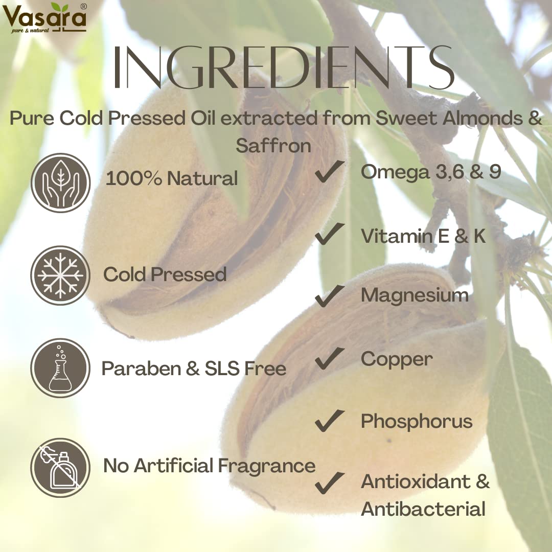 VASARA Premium Cold Pressed Almond & Saffron Oil - 100% Pure Virgin Grade Facial & Hair Care - 100ml - Natural Moisturizer for Dry Skin, Anti-Aging & Scalp Treatment - Perfect for Daily Skincare & Hair Growth Routine