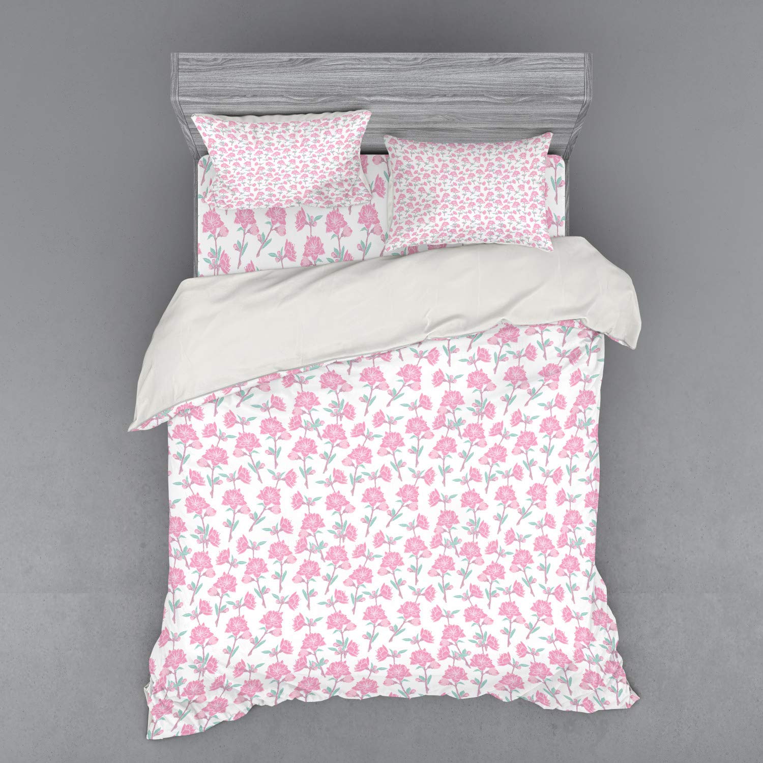 Ambesonne Rose Duvet Cover Set - Hand Drawn Botanical Garden Design with Little Buds, 4-Piece Queen Size Bedding Set Includes Shams & Fitted Sheet in Dried Rose Seafoam Color - Perfect for Spring Bedroom Decor & Guest Room Makeover