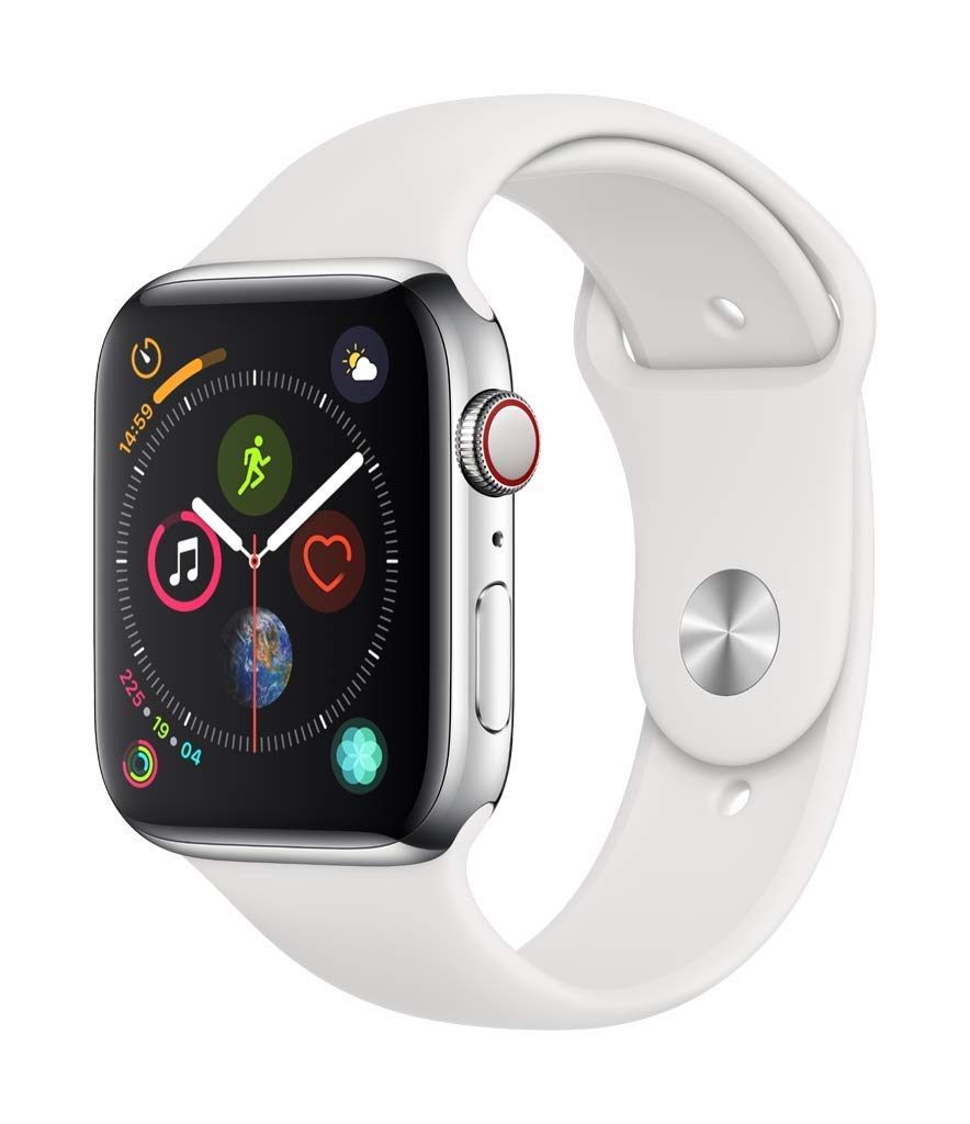 Apple Watch Series 4 (GPS + Cellular, 44mm) Stainless Steel Case with White Sport Band - Renewed Smartwatch for Fitness Tracking, Calls & Notifications | Perfect for Running, Swimming & Daily Wear