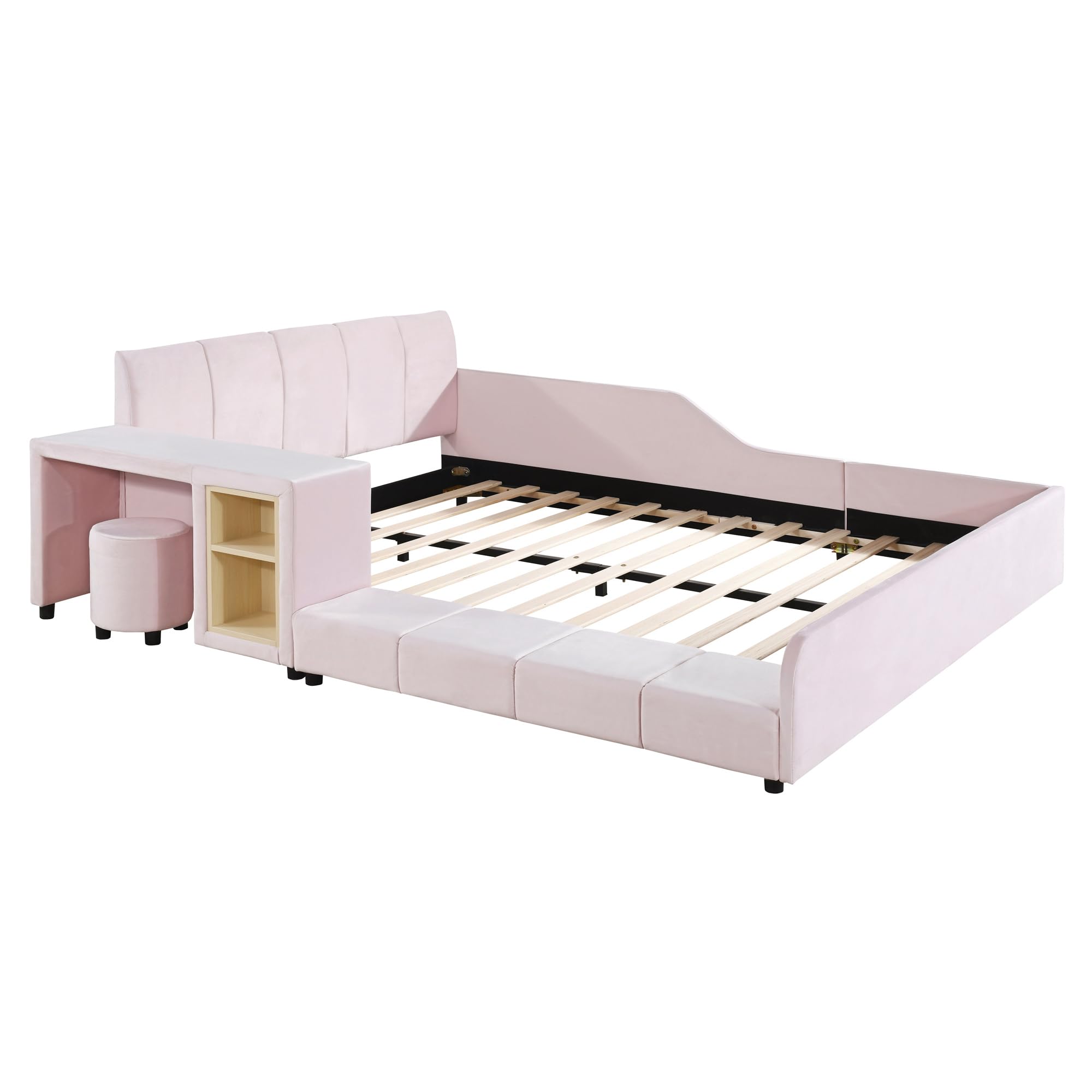 Velvet Upholstered Queen Size Platform Bed Frame with Bedside Desk & Stool - Wooden Floor Bed for Kids & Adults - Pink Bedroom Furniture for Small Spaces & Cozy Sleeping
