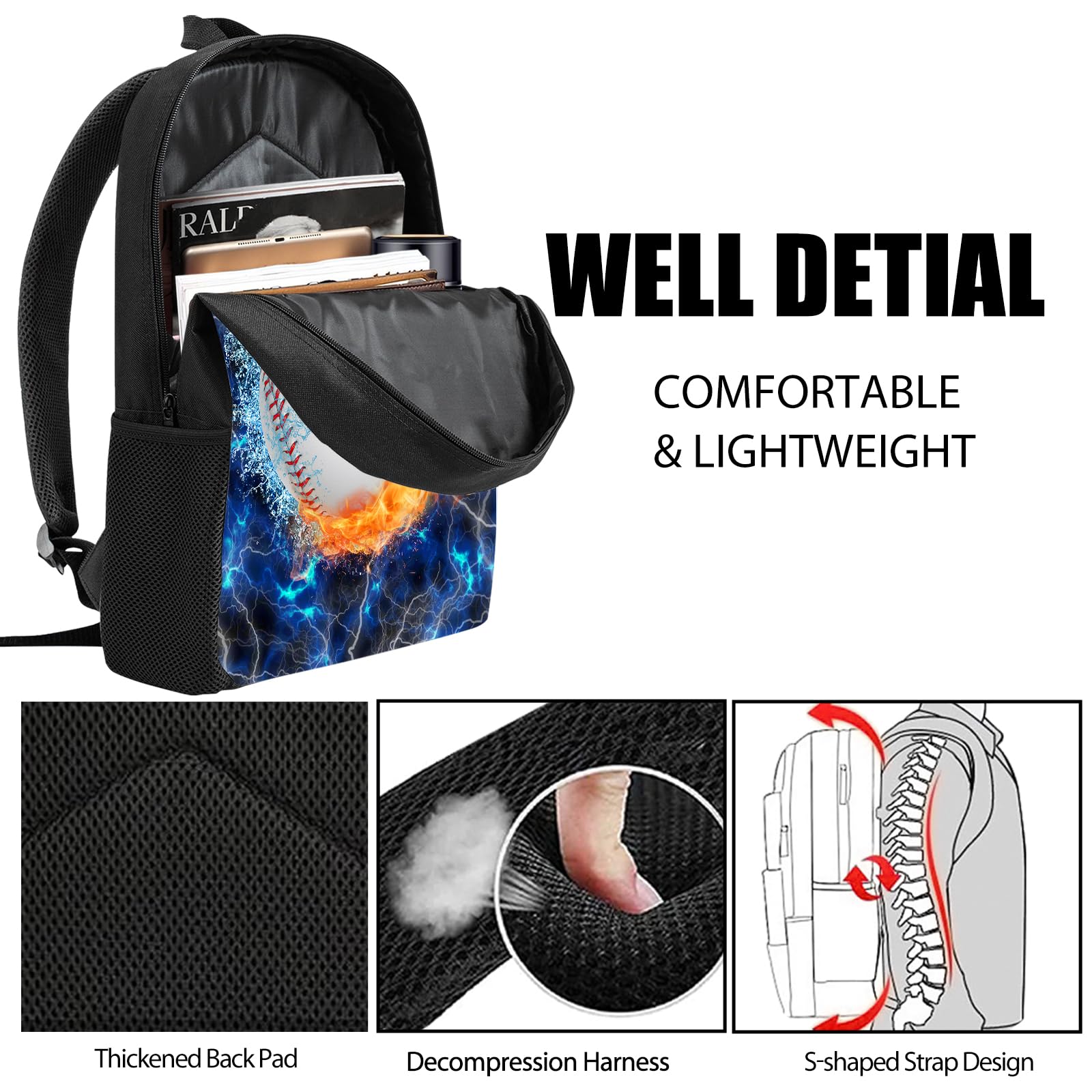 **Kids Backpack Set with Lunch Box & Pencil Case - 3PCS School Backpack for Boys & Girls, Middle & High School Students - Baseball Blue Design - Perfect for School, Travel & Daily Use**