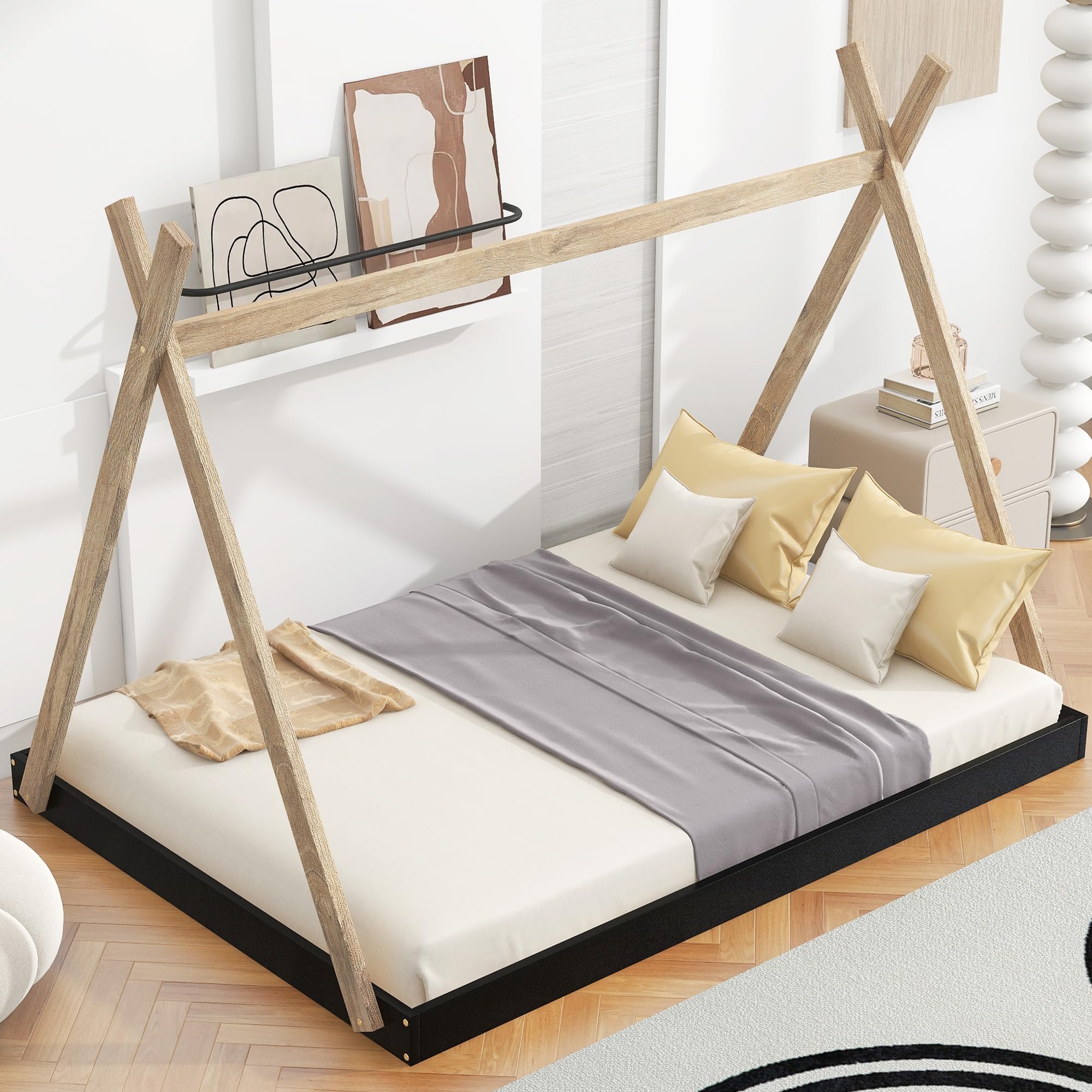 SOFTSEA Full Size Triangle Floor Bed for Kids - Montessori Style Wooden House Bed with Safety Rails - Perfect for Toddlers, Children's Bedroom & Playroom Decor