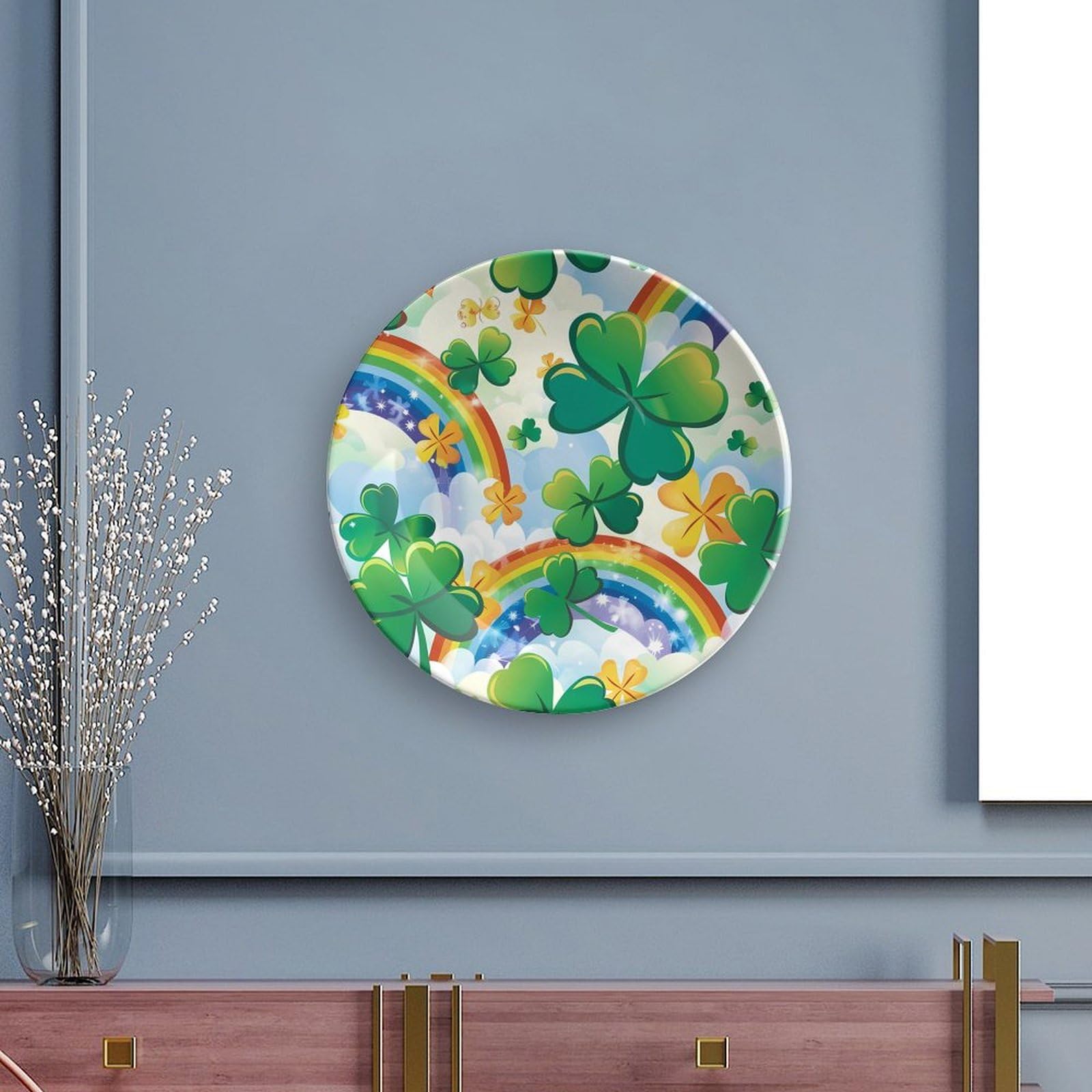 St. Patrick's Day Shamrock Clover Rainbow Ceramic Decorative Plates - 4-Piece Set with Stand for Kitchen, Dining Room & Home Decor - Perfect for Irish Themed Parties, Holiday Display & Festive Table Settings