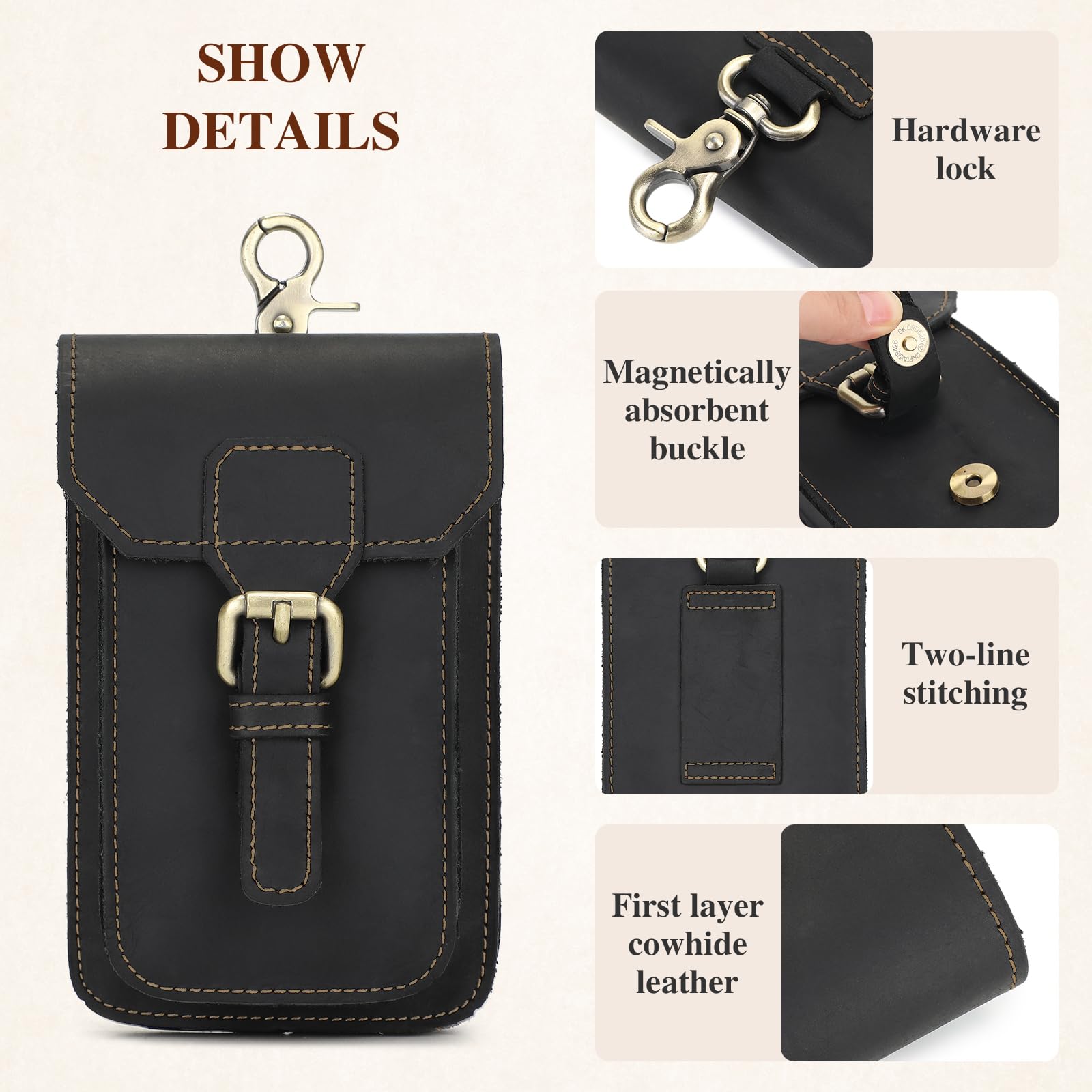 BAIGIO Genuine Leather Belt Phone Pouch - Universal Crossbody Cell Phone Holster for iPhone 16/15/14/13/12 Pro Max, Samsung Galaxy A15/A55/S24/S23/S22, Xiaomi - Perfect for Hiking, Travel & Everyday Use