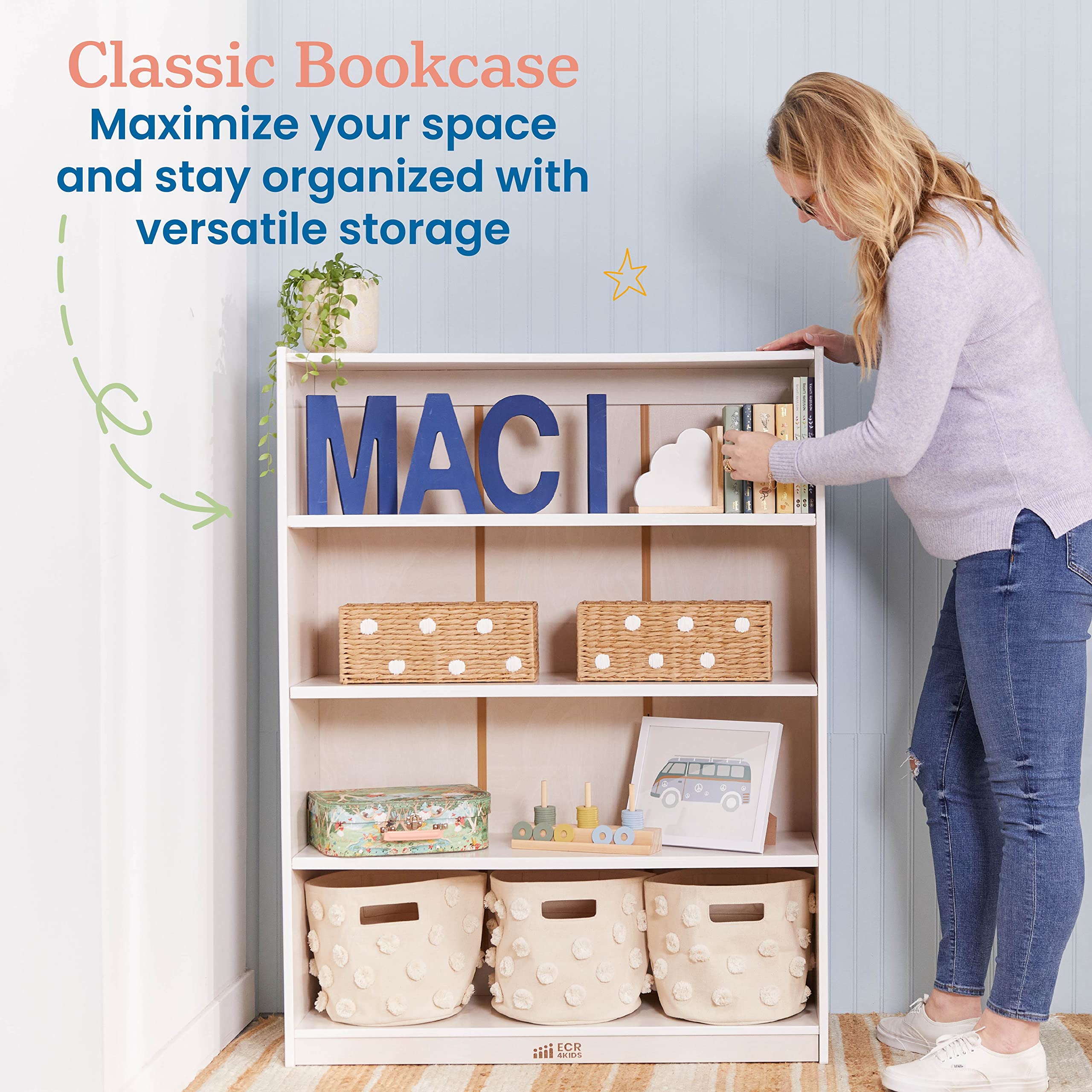 ECR4Kids Classic 48-Inch White Wash Bookcase with Adjustable Shelves - Perfect for Kids' Rooms, Classrooms, and Home Libraries