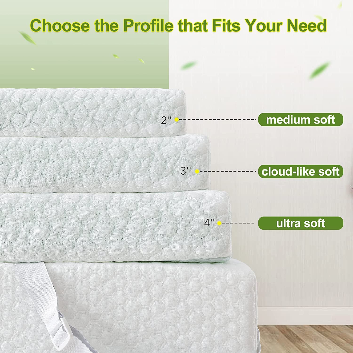 3 Inch Queen Memory Foam Mattress Topper with Zippered Bamboo Cover - Removable & Washable, Green Tea Scented, Adjustable Straps for Ultimate Comfort - Perfect for Back Pain Relief, Guest Beds & Home Use