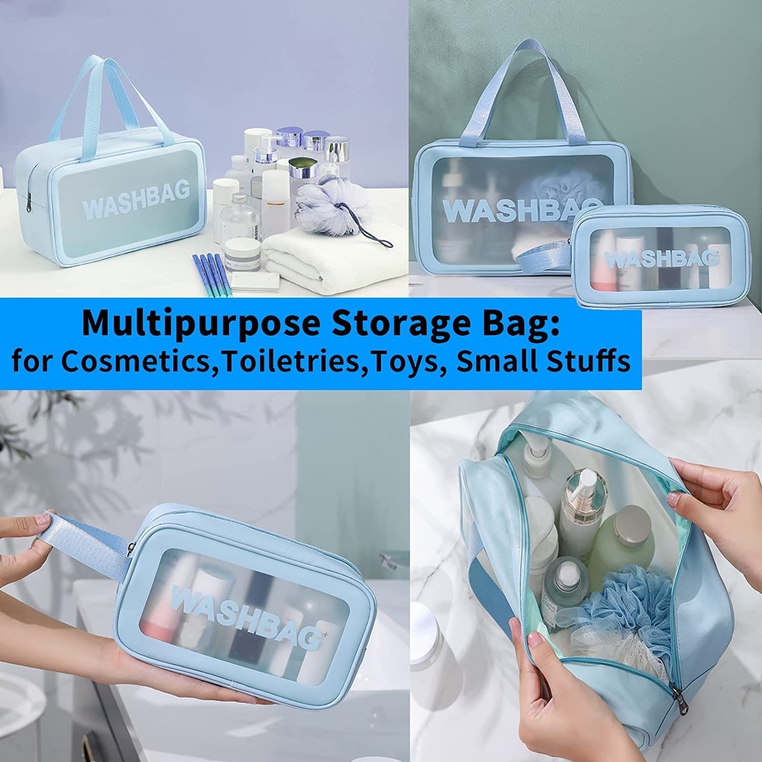 QBLYN 3-Piece Waterproof Makeup Organizer Set | Travel Toiletry Bag for Women | Cosmetic Storage Pouch for Bathroom & Vanity | Perfect for Home, Gym, Vacation & Business Trips (Blue)