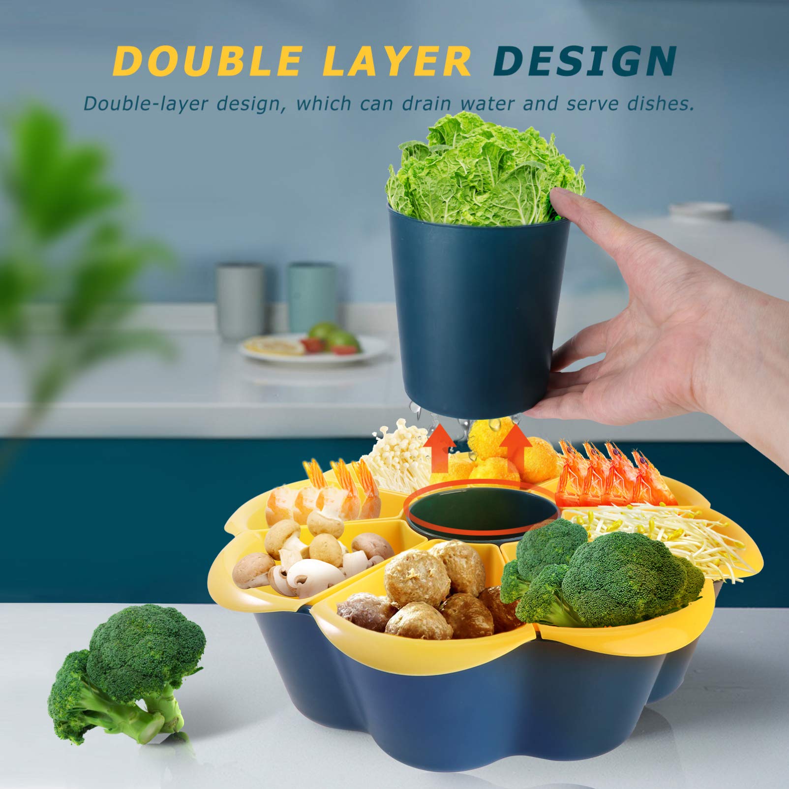 Cabilock 1-Piece Rotating Fruit Basket with Drain Holes - Detachable Compartmentalized Vegetable Platter for Kitchen Countertop | Perfect for Storing Fruits, Veggies & Snacks in Pantry or Dining Table
