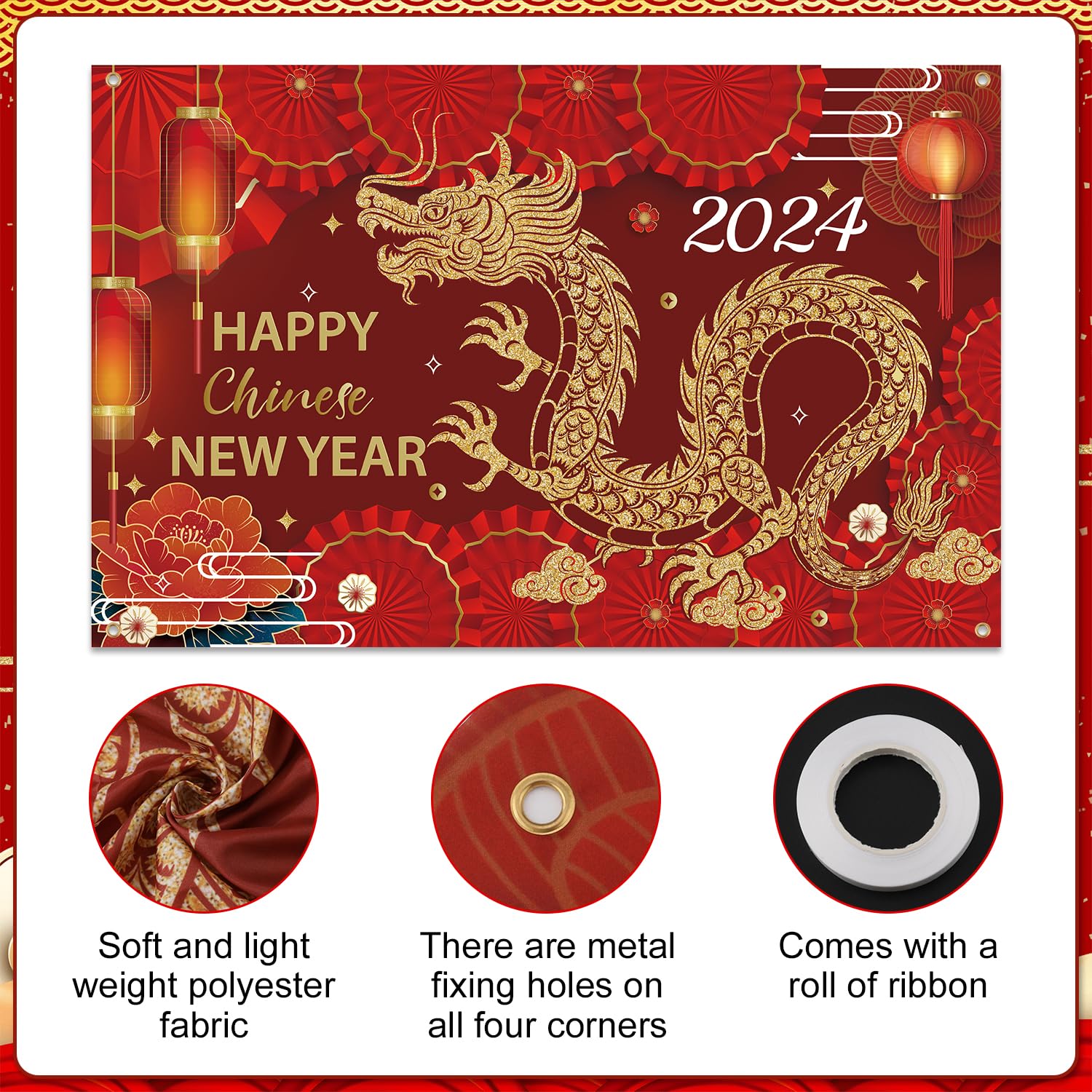 71x45 Inch Happy New Year Banner 2024 - Chinese New Year Backdrop, Dragon Lantern Red Background for New Year Eve Party Decorations & Photo Props | Perfect for Home, Office, and Festival Celebrations