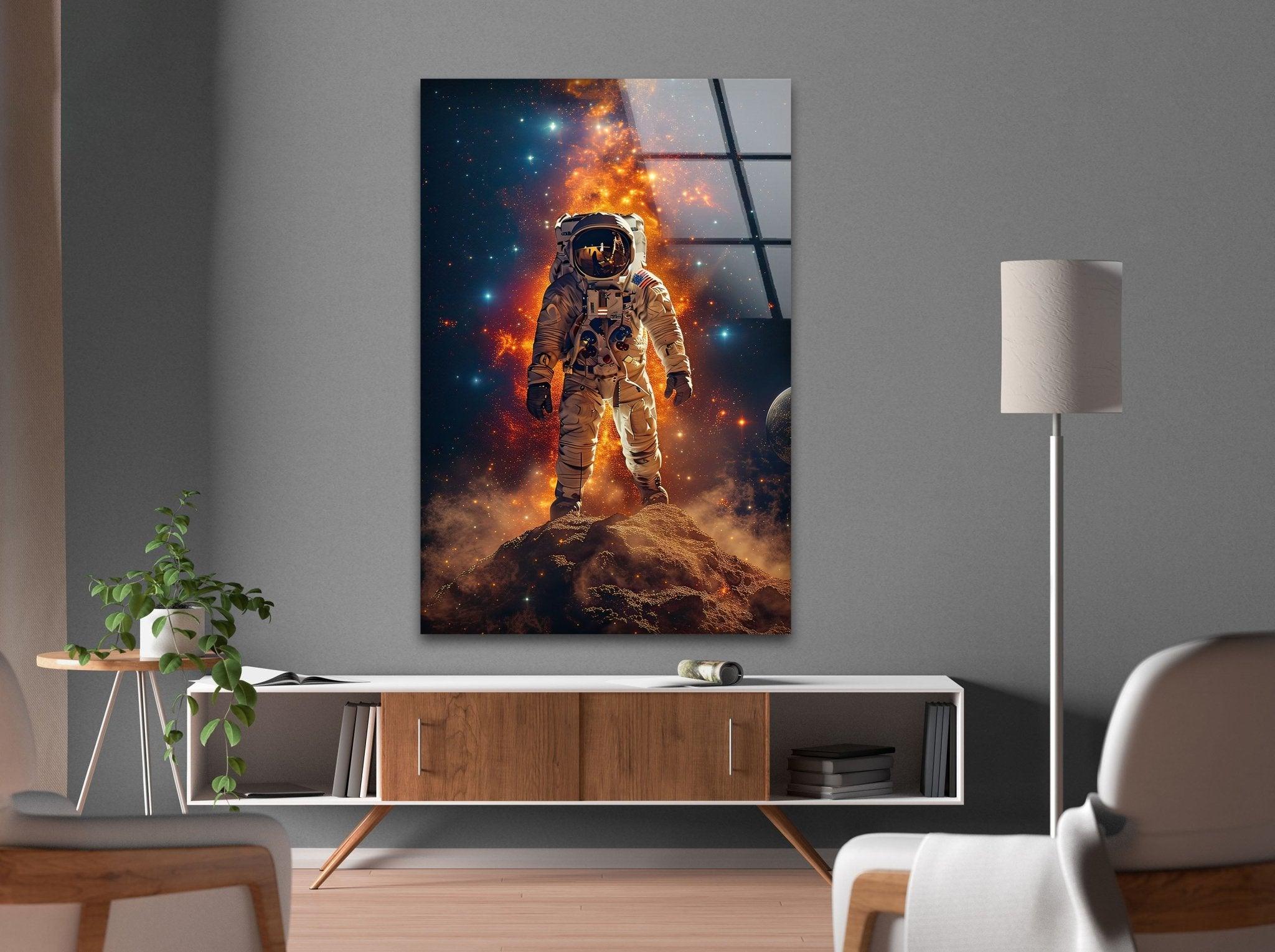 Astronaut on the Moon Glass Wall Art - Space-Themed Home Decor for Living Room, Bedroom & Office - Unique Gift for Astronomy Lovers