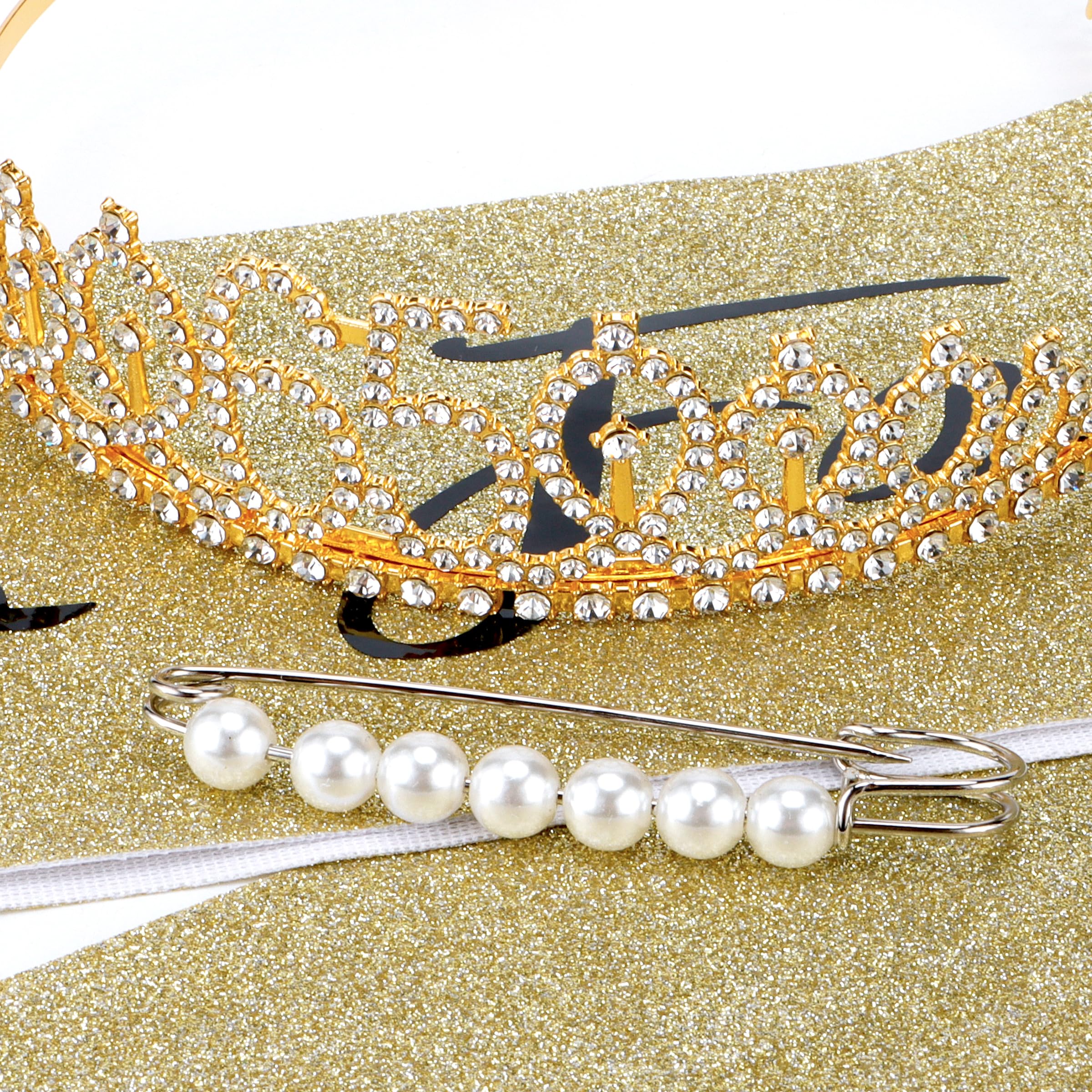 65th Birthday Sash & Tiara Set - Gold Rhinestone Crown & 