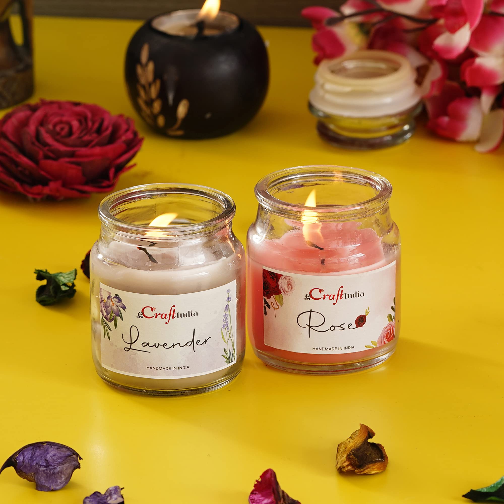 eCraftIndia Set of 2 Lavender Rose Scented Jar Candles for Home Decor, Bedroom, Bathroom | Aromatherapy Gifts for Diwali, Christmas, Birthday | Handmade Soy Wax Candles with Essential Oils | Perfect for Relaxation, Meditation & Creating Cozy Atmosphere