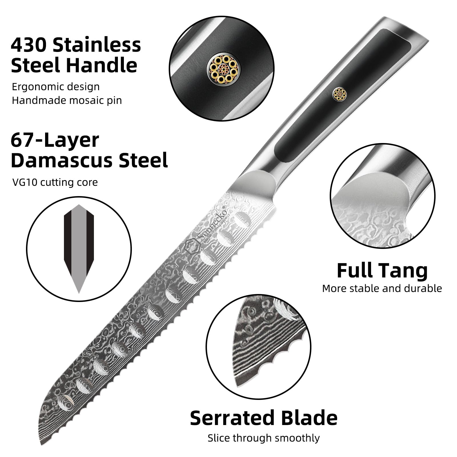 Sunnecko 8-Inch Serrated Bread Knife - 67-Layer VG10 Damascus Steel Blade, Japanese Style Bread Cutting Knife with Ergonomic Handle - Perfect for Homemade Bread, Artisan Loaves, Sourdough, Cakes & Pastries