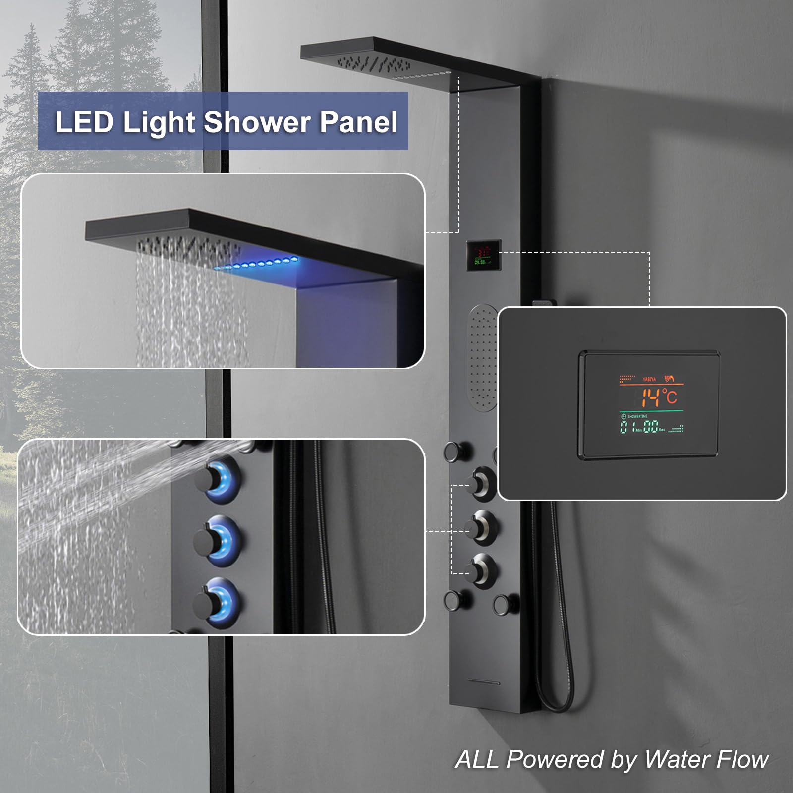 Black LED Shower Panel Tower System with LCD Temperature Display - Large Area Body Jet Massage Shower Fixtures, Adjustable Jets, Tub Spout & Hand Shower | Perfect for Modern Bathrooms, Spa-Like Experience at Home, Luxury Bathroom Upgrade
