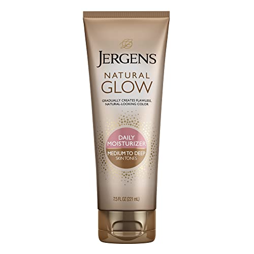 Jergens Natural Glow Sunless Tanning Lotion for Medium to Deep Skin Tones - 7.5 oz Daily Moisturizer with Antioxidants & Vitamin E - Gradual Self Tanner for a Natural, Sun-Kissed Look - Perfect for Pre-Vacation Prep or Year-Round Glow