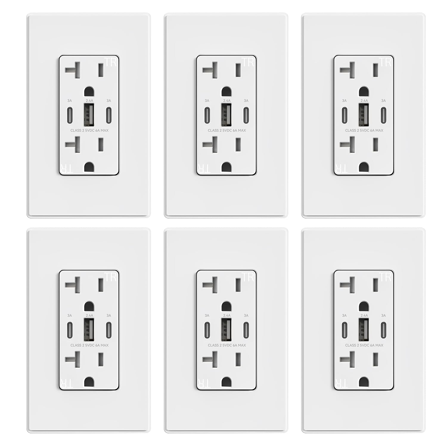 ELEGRP 30W 6.0A USB Outlet with 3-Ports (2 USB-C & 1 USB-A) - 20A Tamper-Resistant Wall Receptacle, UL Listed, Includes Screwless Matte White Wall Plate (6-Pack) - Perfect for Home, Office & Hotel Charging Stations