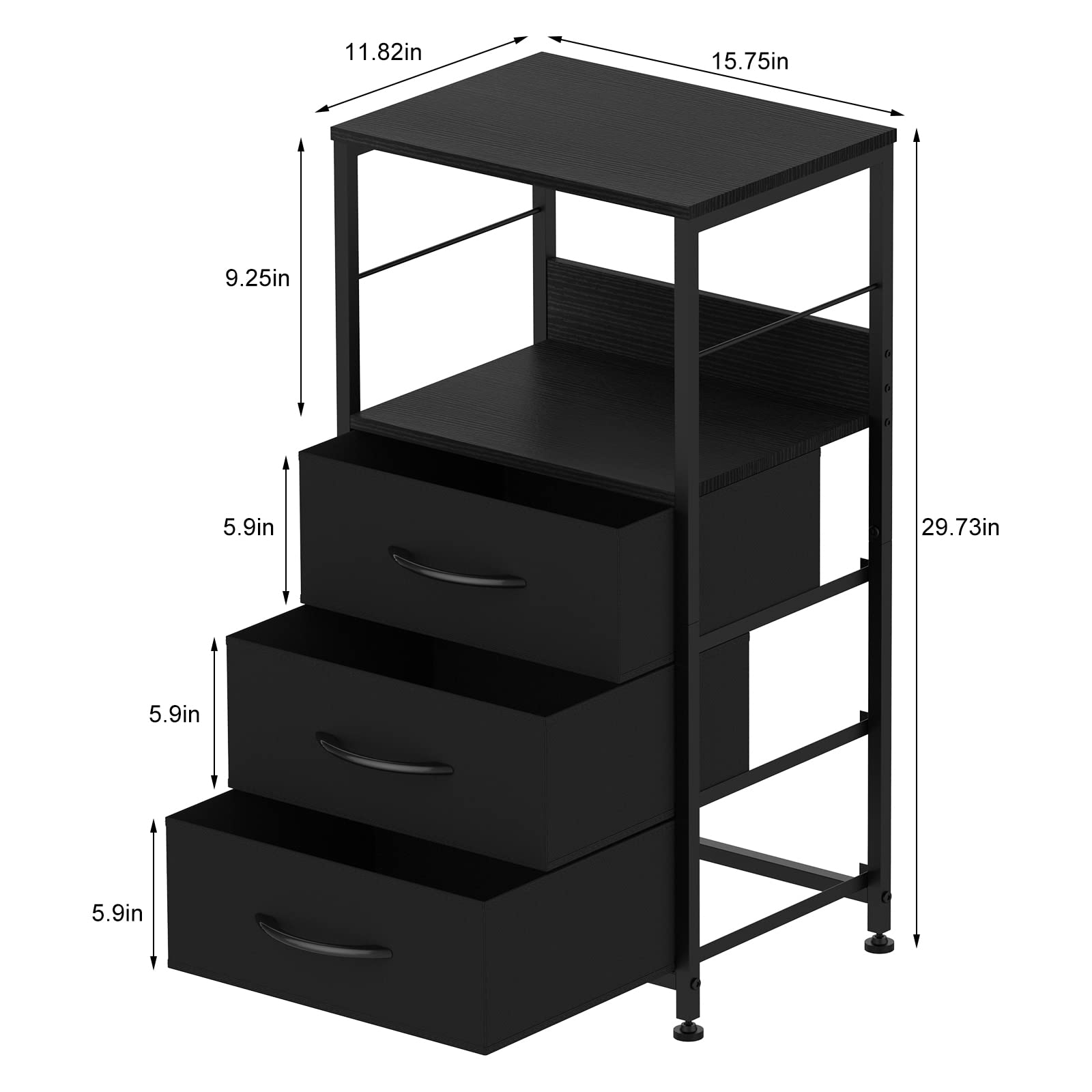 Modern Black Nightstand with 3 Fabric Drawers & Storage Shelf - Tall Bedside Table for Bedroom, Living Room, Office & Study - Perfect for Storing Books, Lamps & Bedroom Essentials
