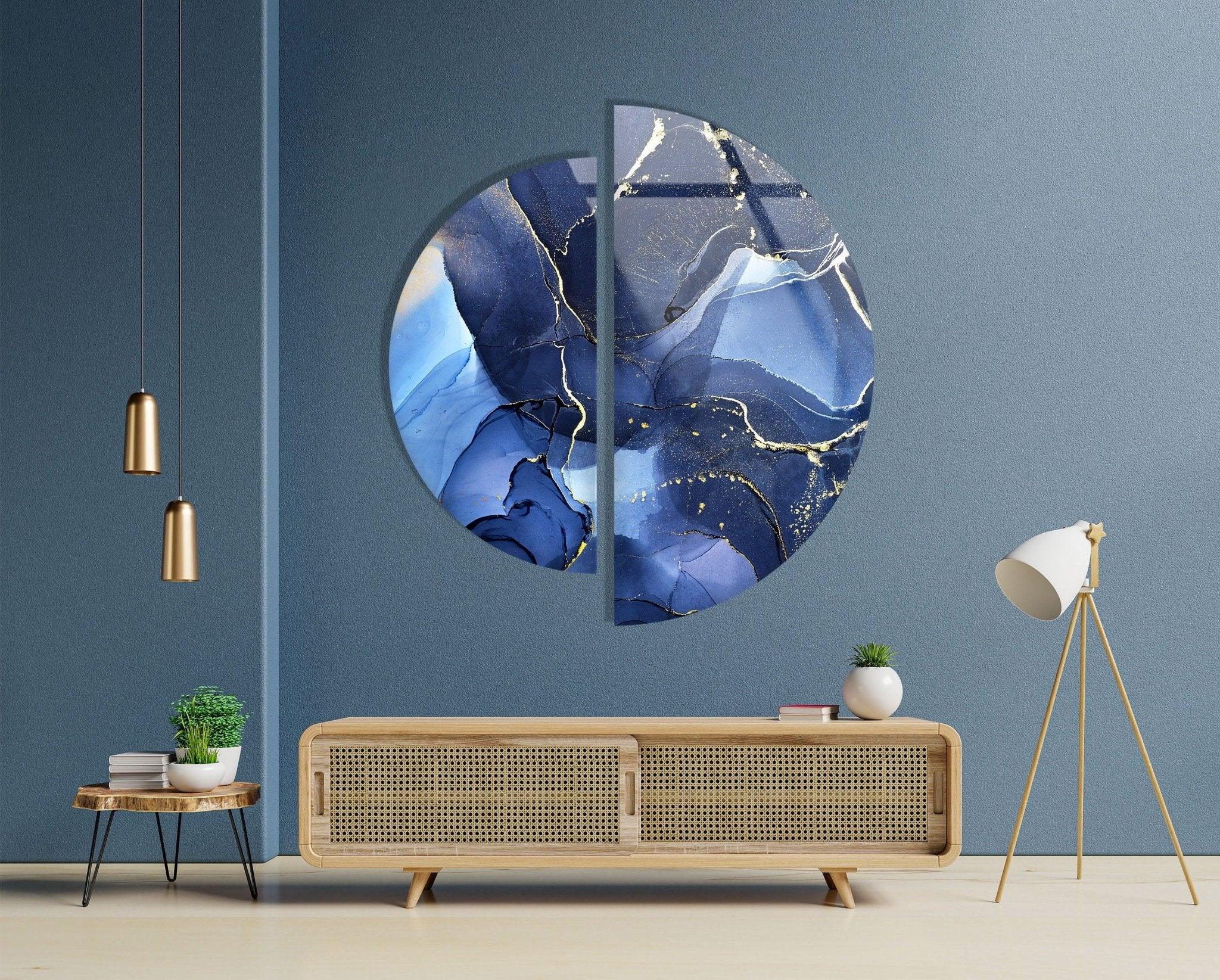 2 Piece Circular Dark Blue Marble Glass Wall Art Set - Modern Home Decor for Living Room, Bedroom, Office - Elegant Handmade Glass Mosaic Wall Hangings for Interior Design