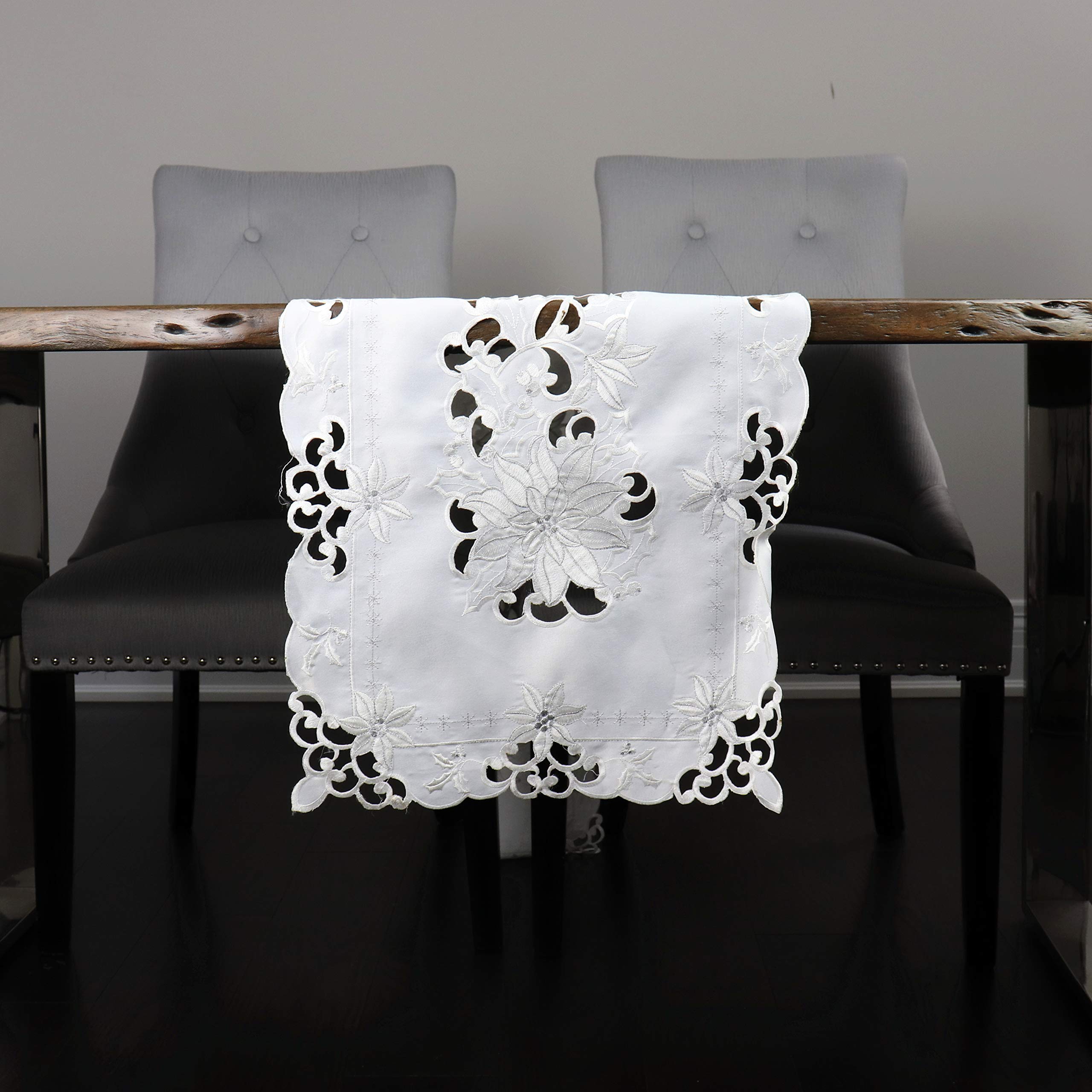 Vintage Embroidered Cutwork Table Runner & Dresser Scarf - Elegant Christmas Decor with Silver White Poinsettia Design, 16 x 54 Inch Rectangle for Kitchen, Dining Table, Holiday Parties & Festive Home Decor