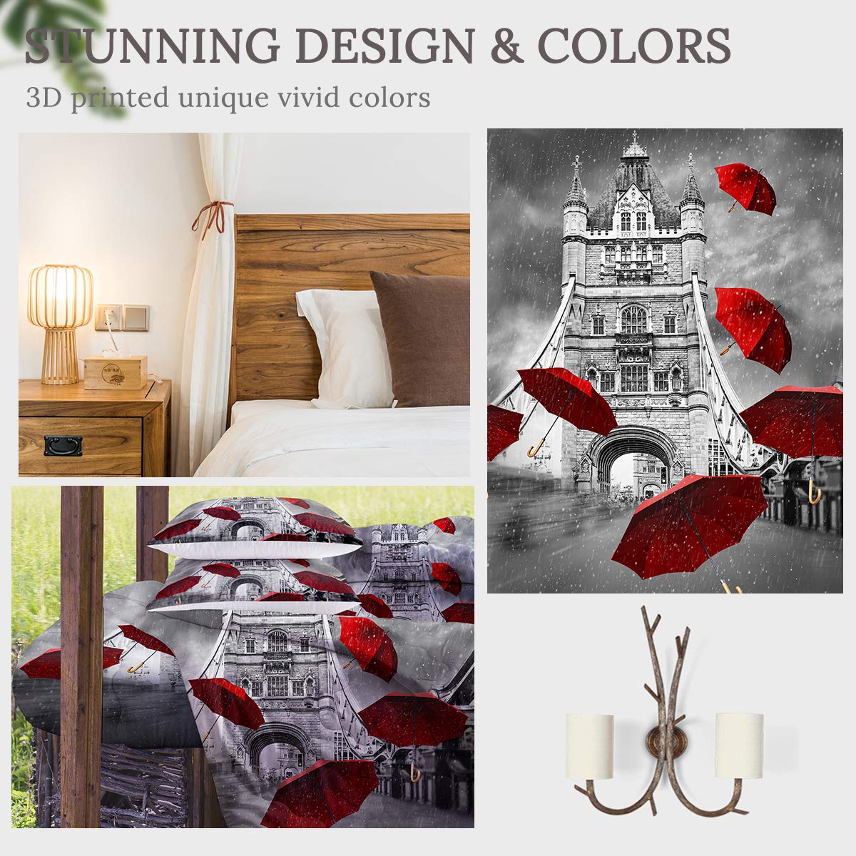 Sleepwish Paris Themed Comforter Set - King Size 4-Piece Bedding with Eiffel Tower & 3D Rainy Street Print (Black/White/Red Umbrellas) | Romantic Bedroom Decor for Couples & French Theme Rooms