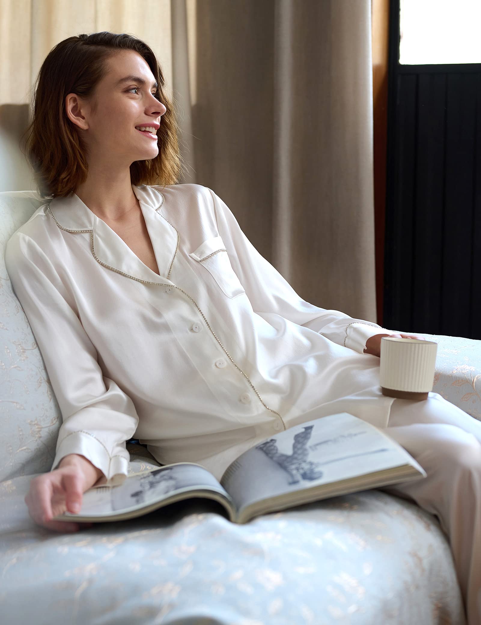 Luxury 100% Pure Silk Pajama Set for Women - Rhinestone Trim Long Sleeve Button Down Sleepwear & Loungewear | Perfect for Relaxing at Home, Spa Days & Romantic Getaways