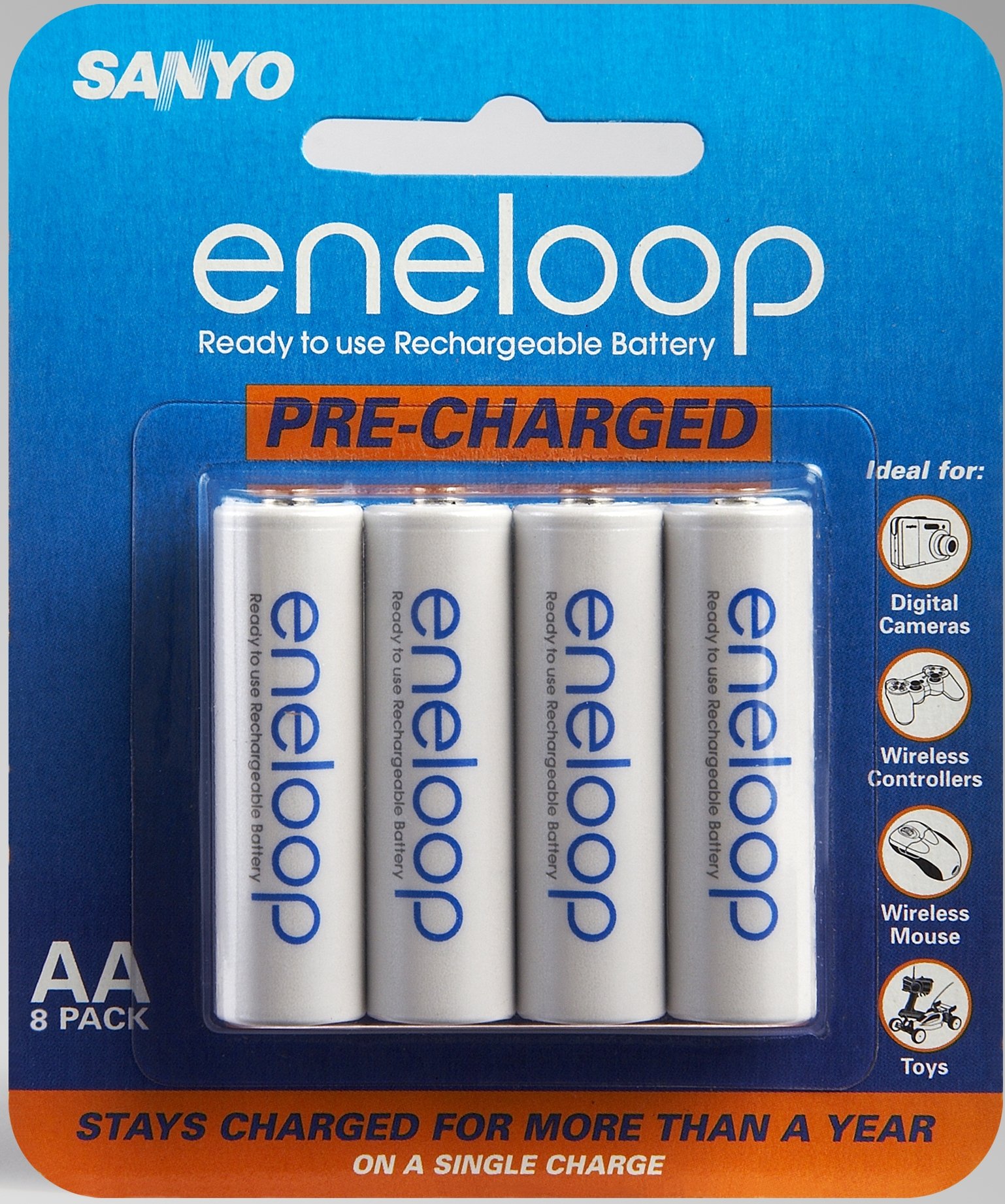 Sanyo Eneloop AA NiMH Rechargeable Batteries 8-Pack - High Capacity Pre-Charged Batteries for Cameras, Flashlights, Toys & Electronics - Eco-Friendly Power Solution
