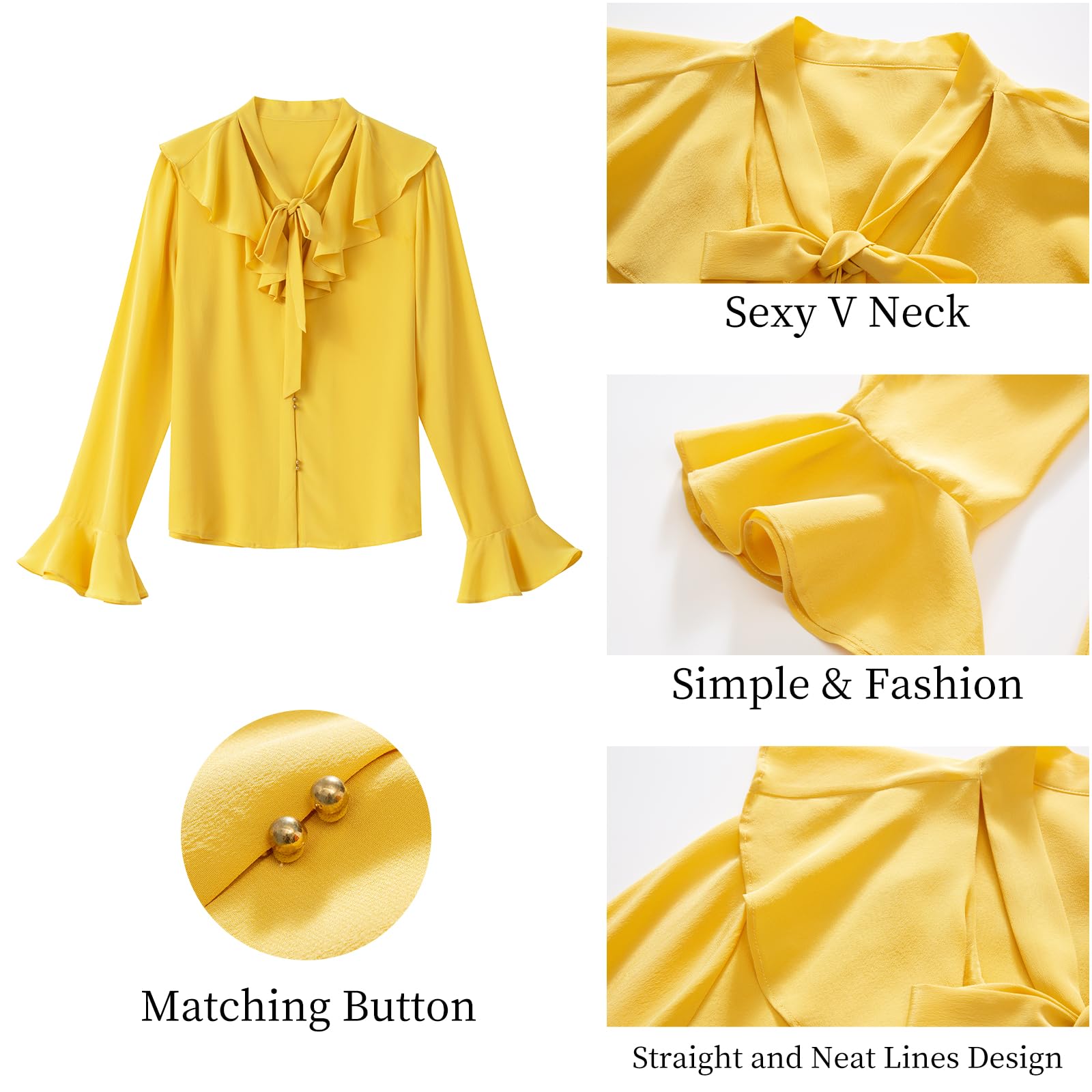 COLD POSH Women's 100% Mulberry Silk Blouse - Elegant Long Sleeve Button Down Shirt with V-Neck & Ruffle Detail | Breathable Summer Tops for Office, Dating & Special Occasions