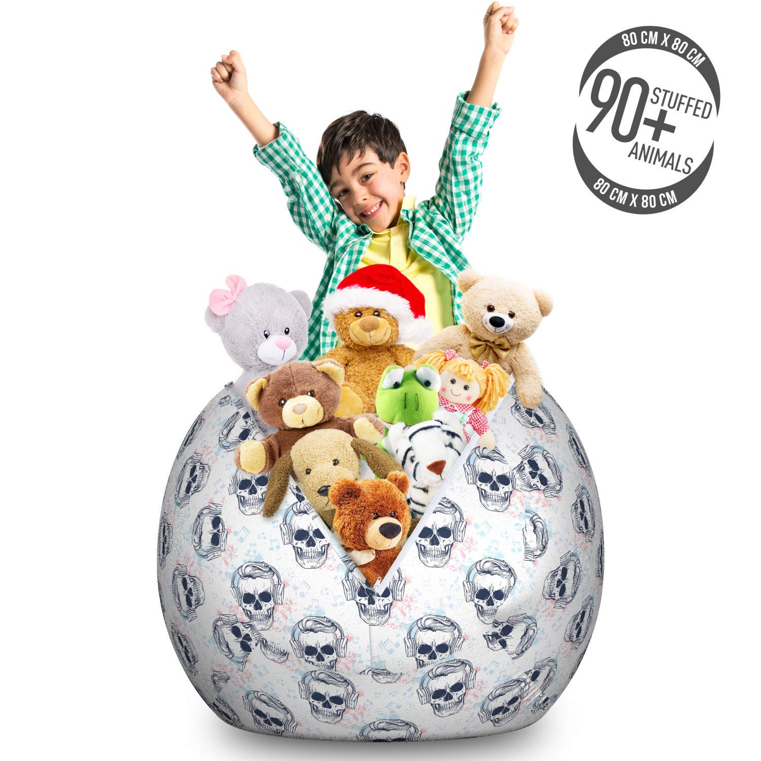 Ambesonne Hipster Toy Storage Bag Chair - Skull with Headphones & Musical Notes Design - Large Washable Stuffed Animal Organizer for Kids Room, Nursery, or Playroom - Slate Blue Rose Color