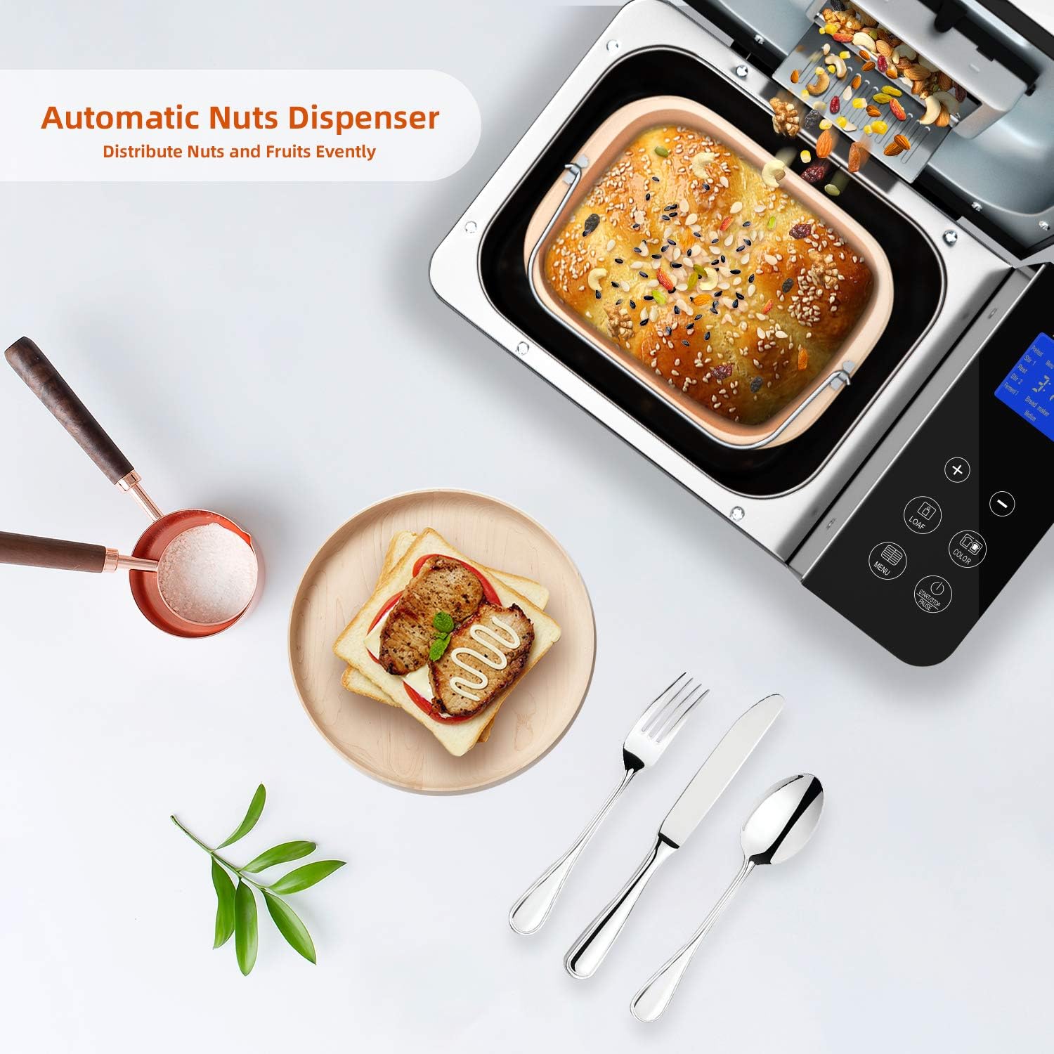 **KBS 17-in-1 Bread Maker Machine - 2LB Stainless Steel Bread Machine with Fruit Nut Dispenser, Nonstick Ceramic Pan, Digital Touch Panel, 710W, 15-Hour Timer, 1-Hour Keep Warm - 3 Sizes & 3 Colors - Perfect for Homemade Bread, Gluten-Free Baking & Family Breakfasts**