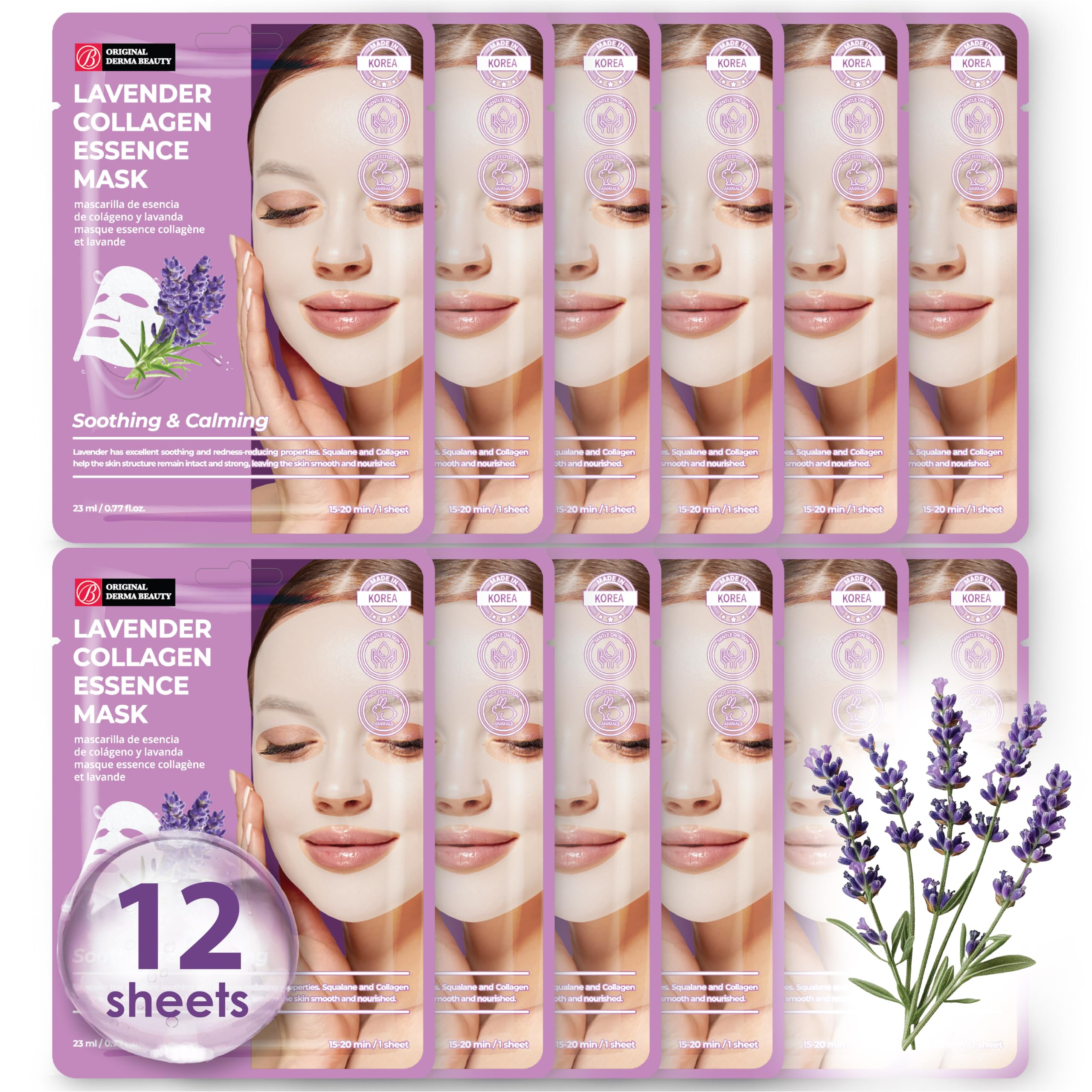 Derma Collagen Face Masks 12pk - Soothing Lavender Skincare for Beauty & Personal Care - Korean Sheet Masks for Spa & Relaxation