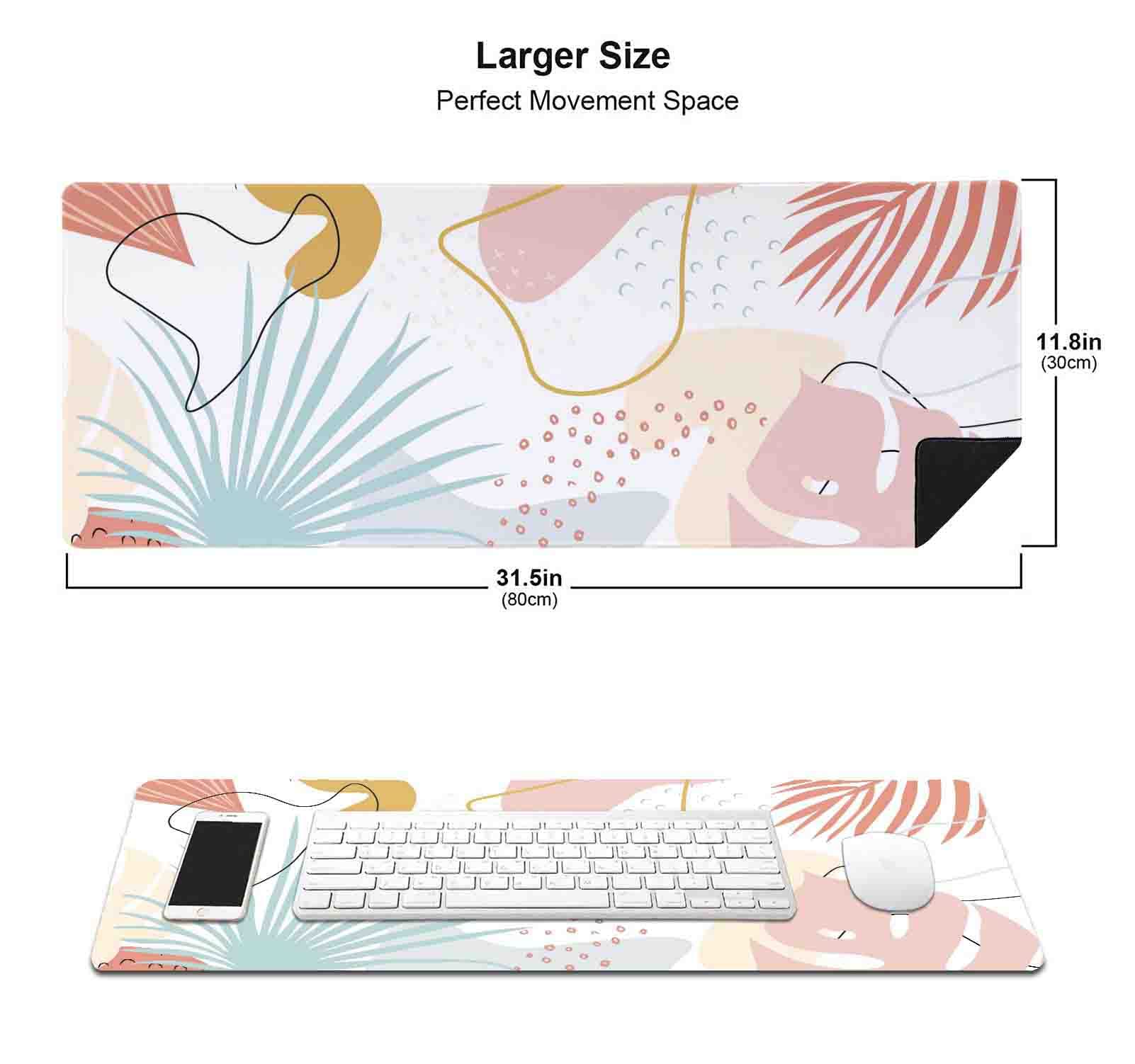 Pink and Blue Abstract Leaves Tropical Large Mouse Pad - Non-Slip Rubber Base with Stitched Edges - 31.5 x 11.8 Inch Desk Mat for Women - Perfect for Work, Laptop, Gaming & Office Decor