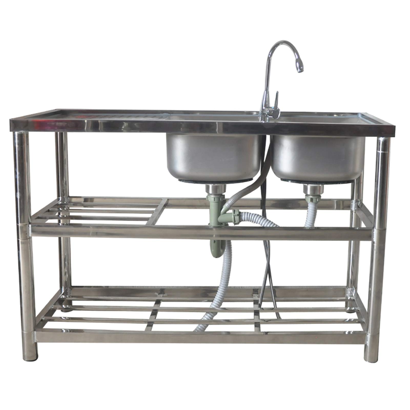 Commercial Stainless Steel Kitchen Sink with Faucet & Drainer - Double-Layer Bracket Workbench for Catering & Restaurant Use - Heavy Duty Food Prep, Dishwashing & Commercial Kitchen Utility