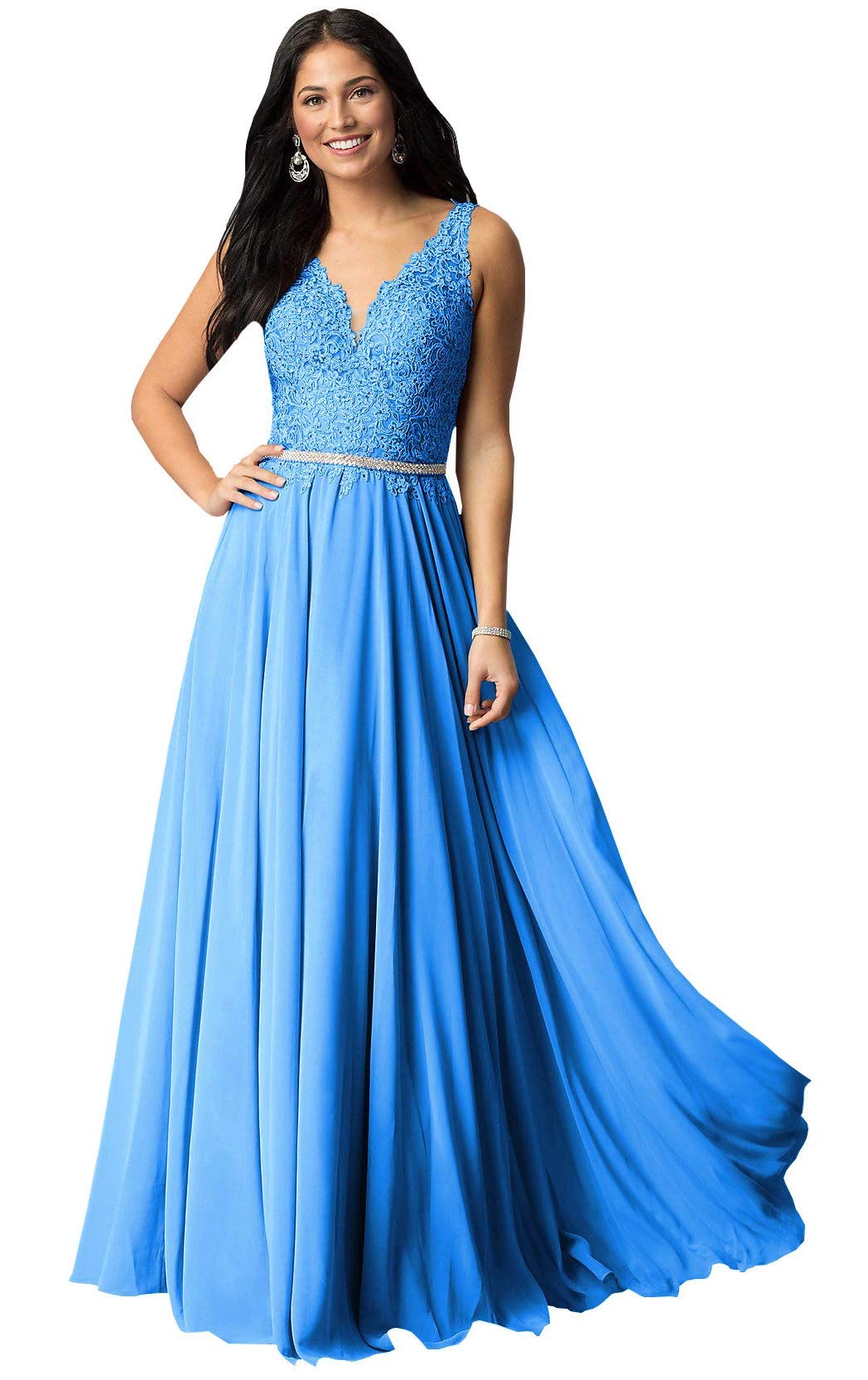 Elegant Women's Lace V-Neck Bridesmaid Dress - Long Chiffon A-Line Formal Evening Gown for Wedding, Prom, Party & Special Occasions