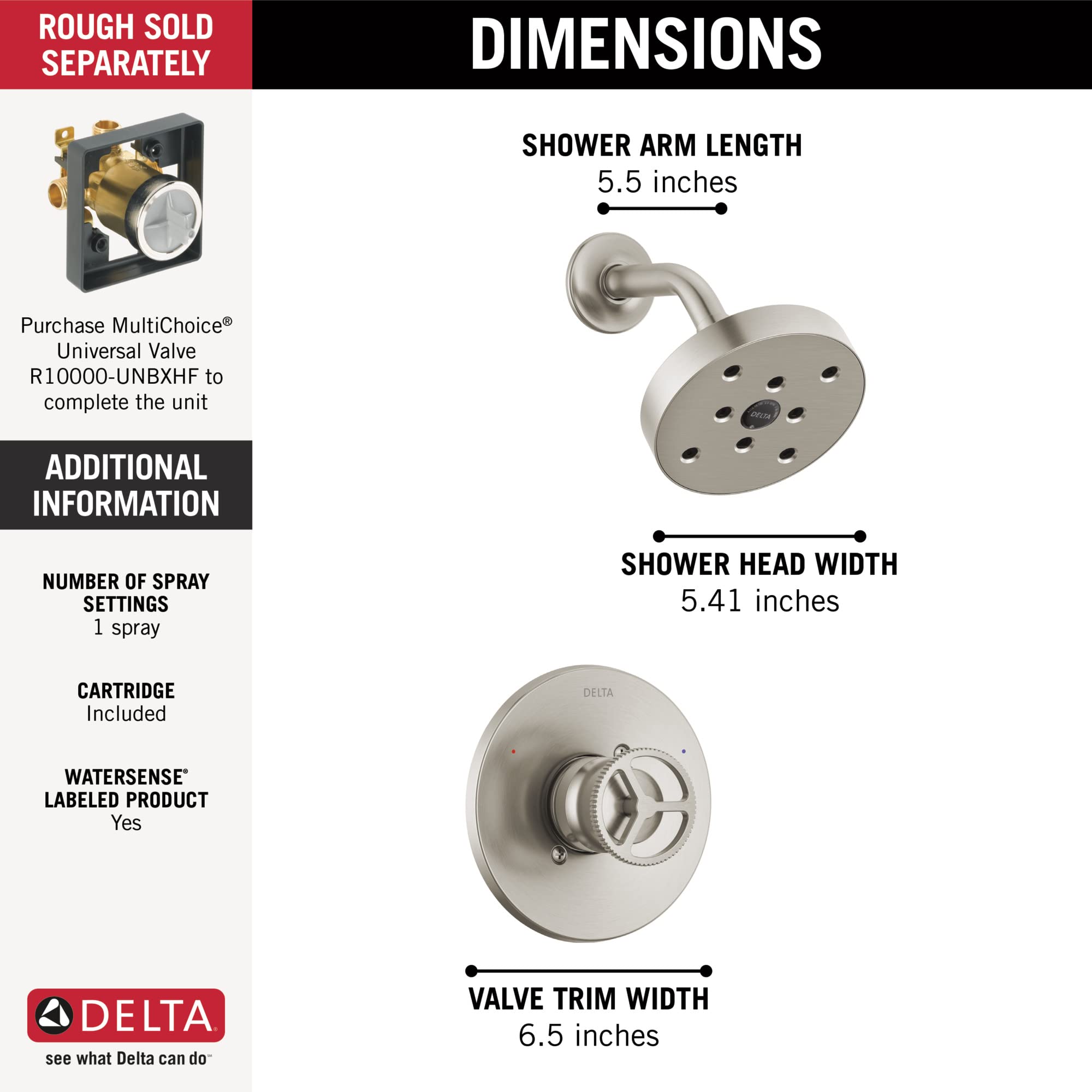 Delta Trinsic 14 Series Single Handle Brushed Nickel Shower Faucet with H2Okinetic Technology - Complete Shower Set Includes Shower Head, Trim Kit & Fixtures (T14258-SS, Valve Sold Separately) - Perfect for Modern Bathroom Renovations & Spa-Like Shower Experience