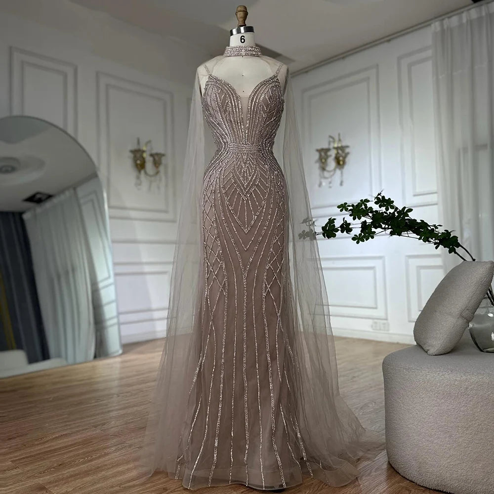 Luxury Dubai Saudi Caramel Mermaid Arabic Evening Dresses with Beaded Cape Sleeves - Formal Gowns for Weddings, Galas & Special Occasions LA72852