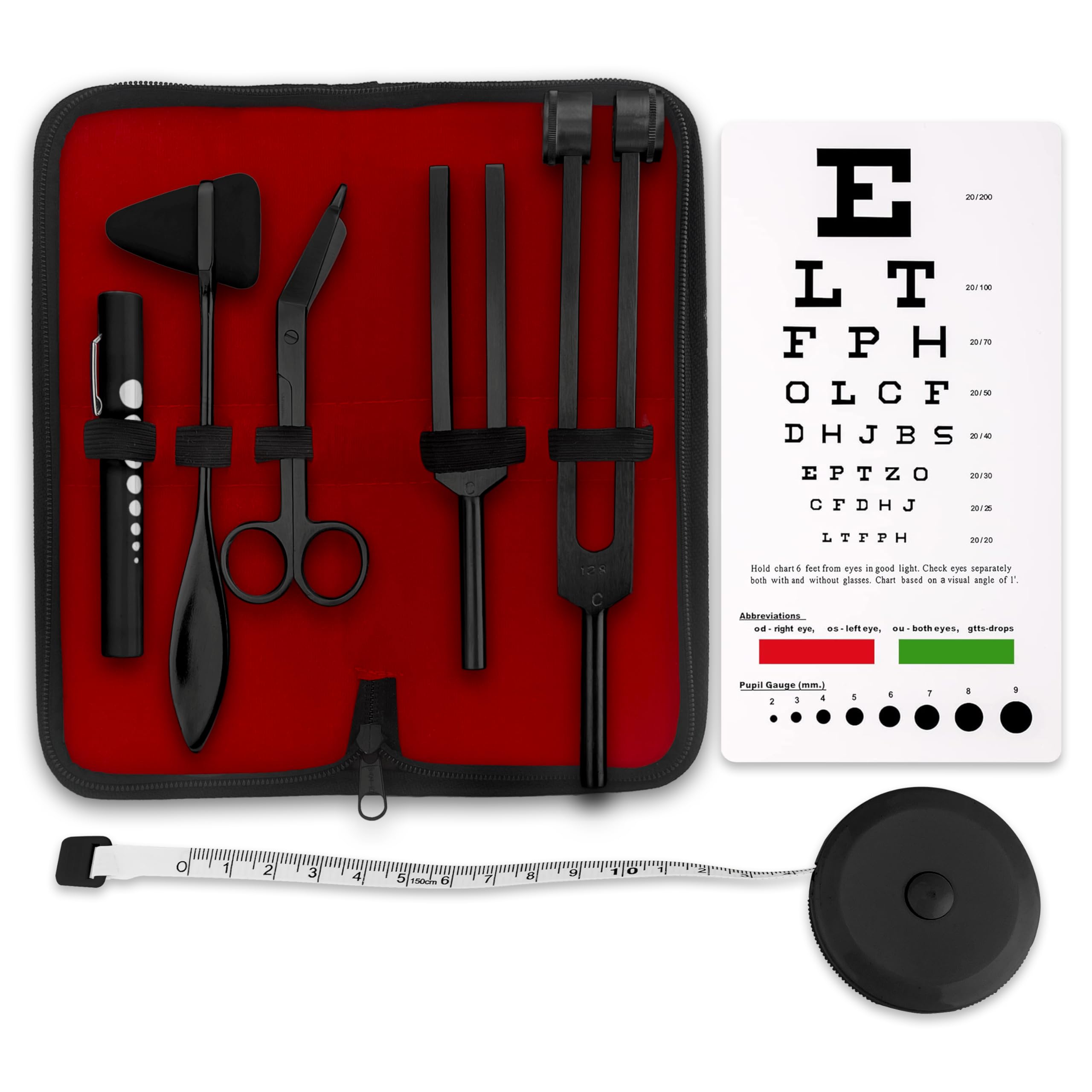 ASA TECHMED Premium 7-Piece Tactical Medical Diagnostic Kit - Taylor Reflex Hammer, Measuring Tape, Tuning Forks, Bandage Scissors, Pupil Gauge Penlight, Snellen Eye Chart (Black) - Ideal for Doctors, Nurses, EMTs & Medical Students Clinical Practice & First Aid Kits