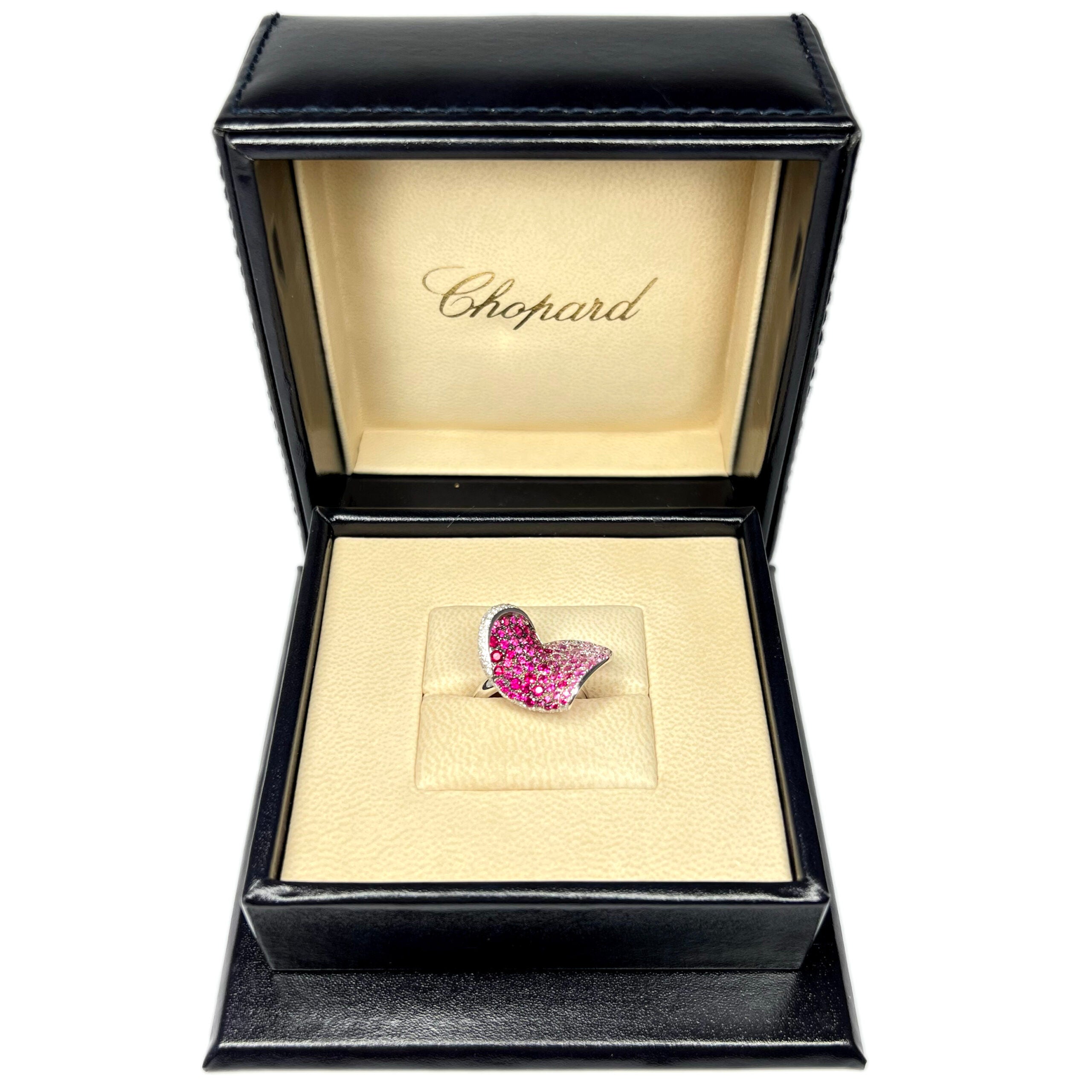 Chopard 18K White Gold Pink Sapphire Ruby Diamond Heart Ring for Women - Elegant Jewelry Gift for Anniversary, Valentine's Day & Special Occasions