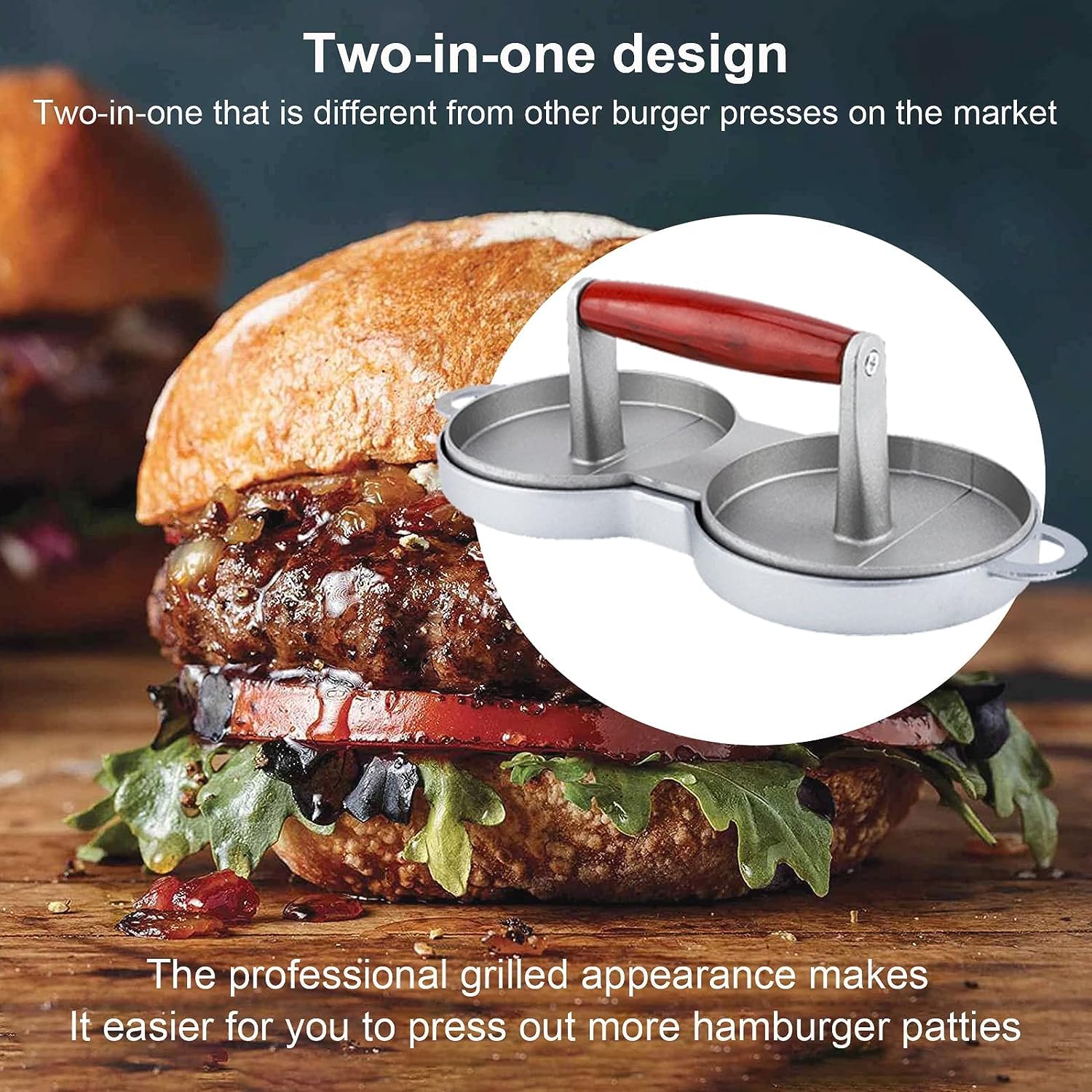 Premium GION Double Hamburger Press - Heavy Duty Stainless Steel Patty Maker for Perfect Round Burgers - Includes 1pc Patty Mold for Grilling, BBQ & Home Cooking - Ideal for Backyard Cookouts, Restaurant Use & Meal Prep